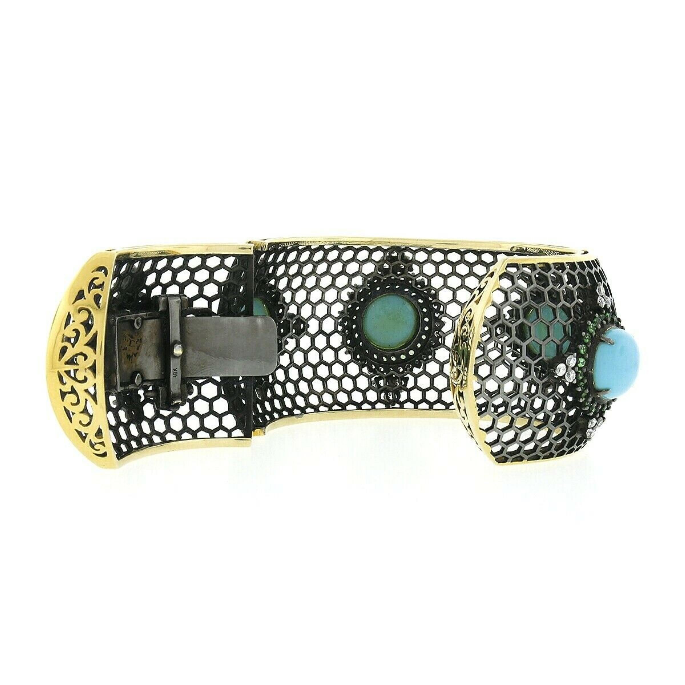 Bracelet manchette large en or noir 18k Turquoise Tsavorite et diamant nid d'abeille en vente 1