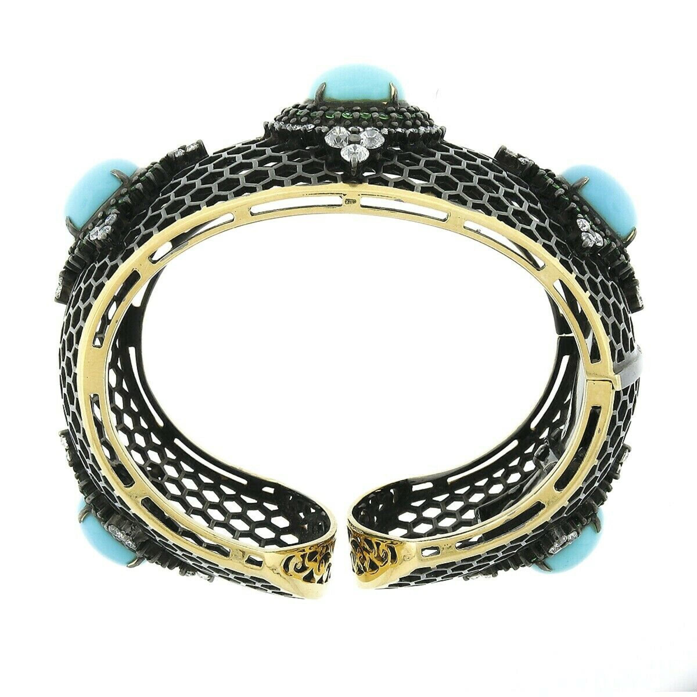 18k Black Gold Turquoise Tsavorite & Diamond Honeycomb Wide Cuff Bangle Bracelet For Sale 1