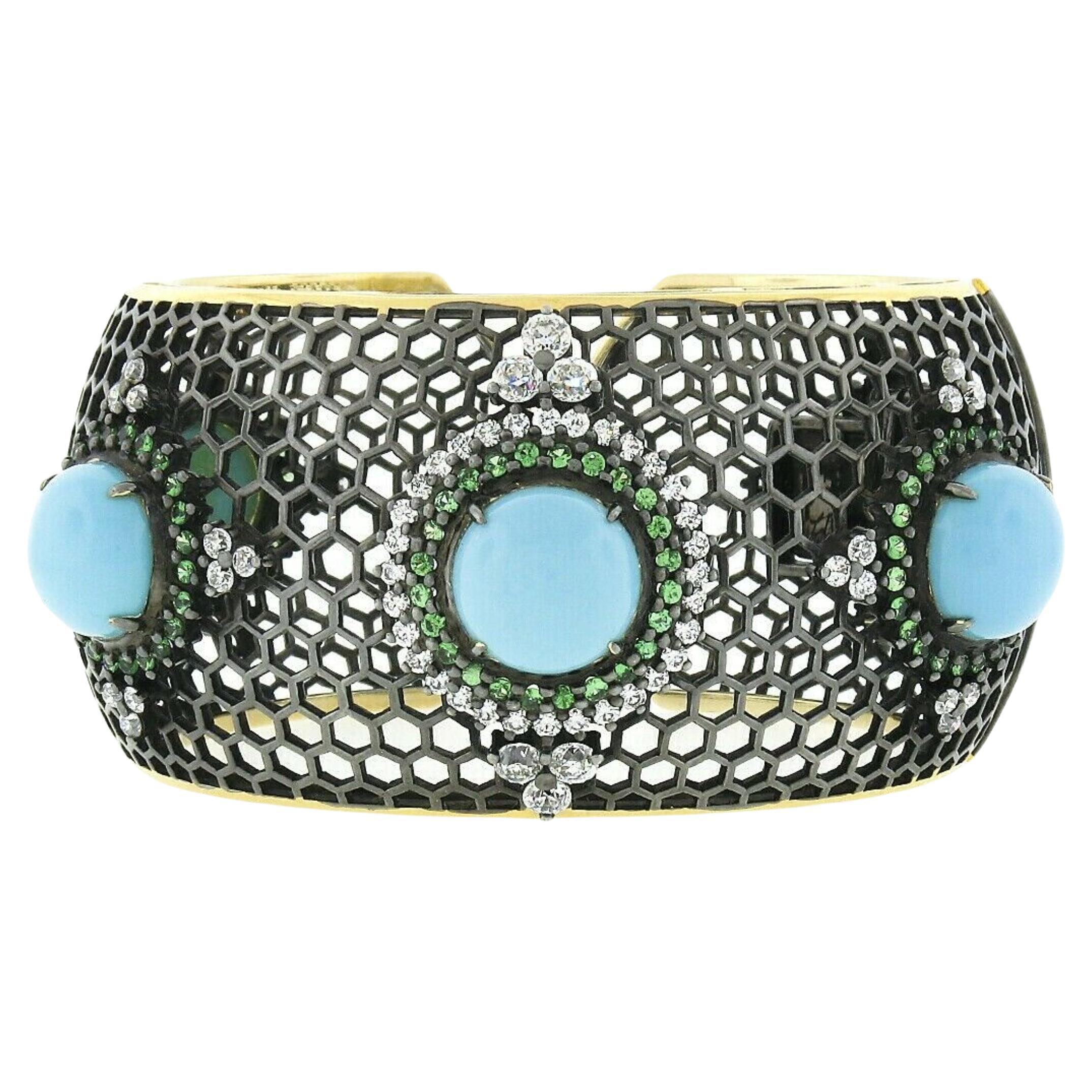 Bracelet manchette large en or noir 18k Turquoise Tsavorite et diamant nid d'abeille