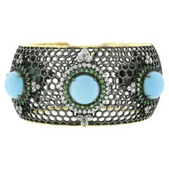 18k Black Gold Turquoise Tsavorite & Diamond Honeycomb Wide Cuff Bangle Bracelet