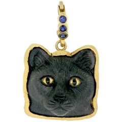 18 Karat Black Obsidian BAST Cat Head Pendant