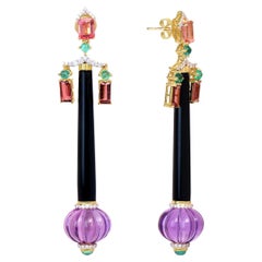 18k Black Onyx Tourmaline Amethyst And Emerald Multi Color Earrings For Her