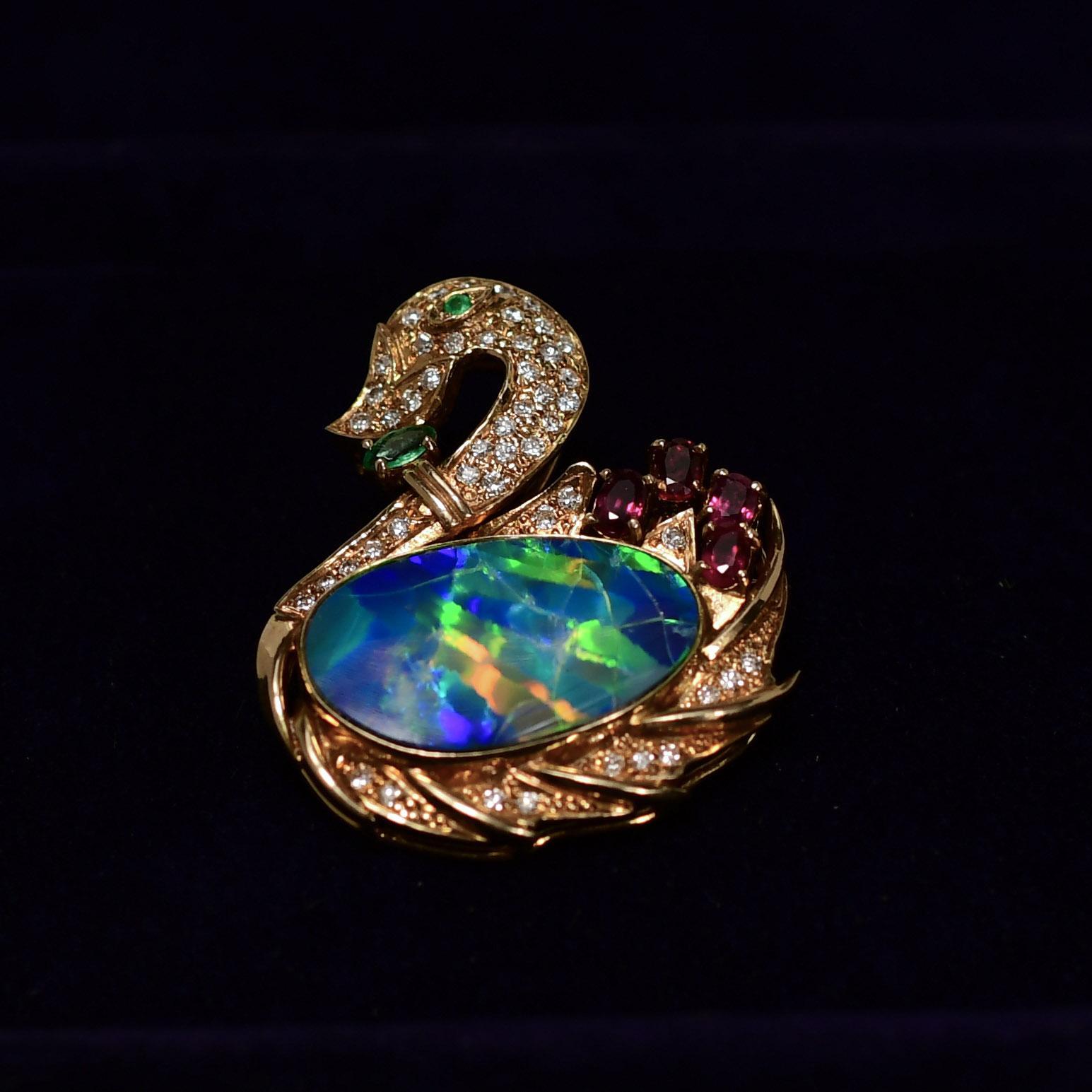 18K Schwarzer Opal und Diamant Swan Brosche P-923RTX-N (Art nouveau) im Angebot