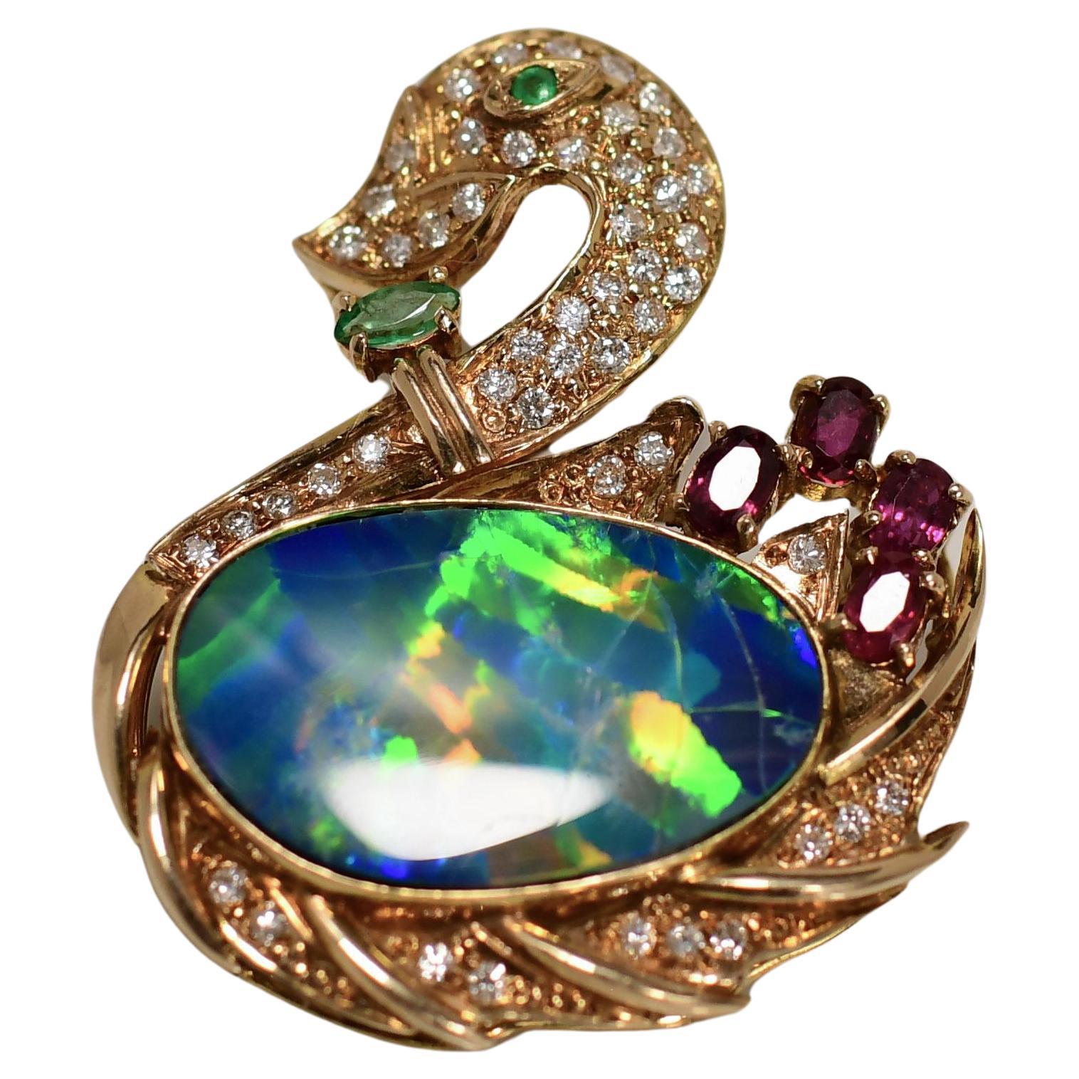 18K Black Opal And Diamond Swan Brooch P-923RTX-N For Sale