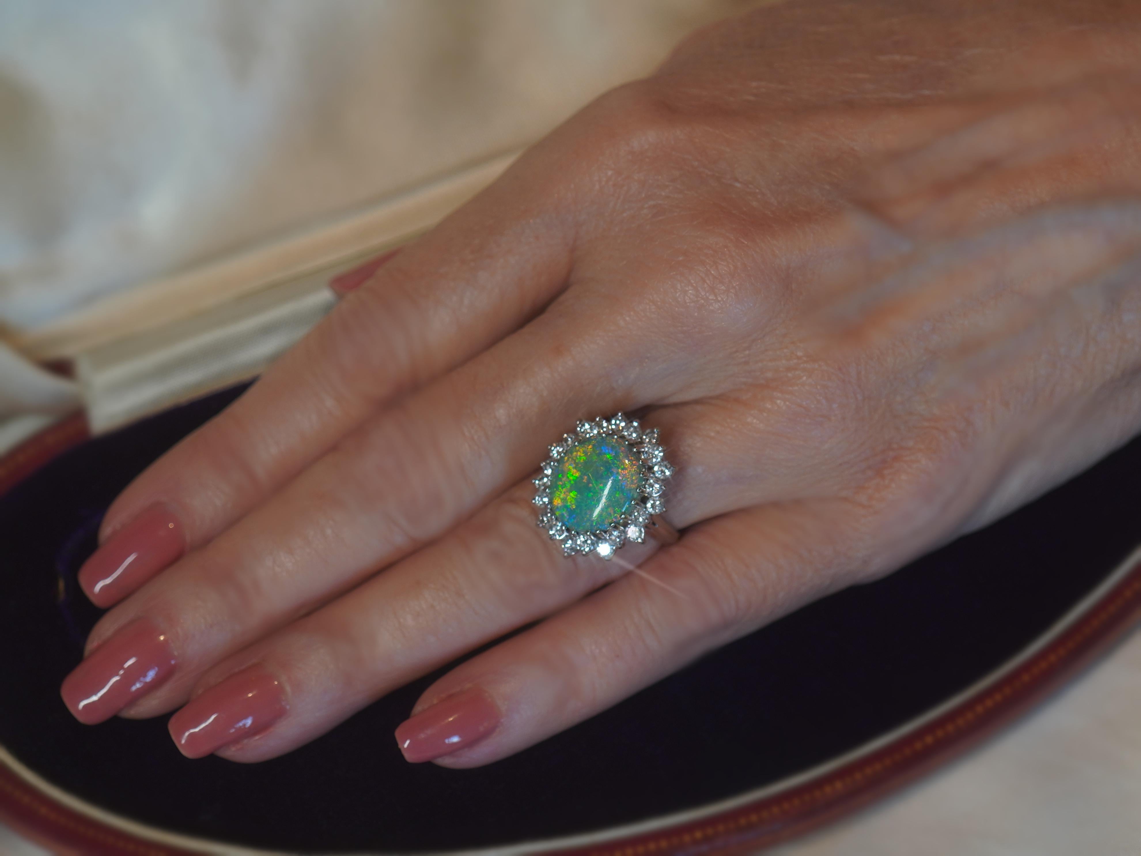 Oval Cut 18K Black Opal Australian Diamond Vintage Ring GIA Solid Rainbow Fine 7.08 CTS! For Sale