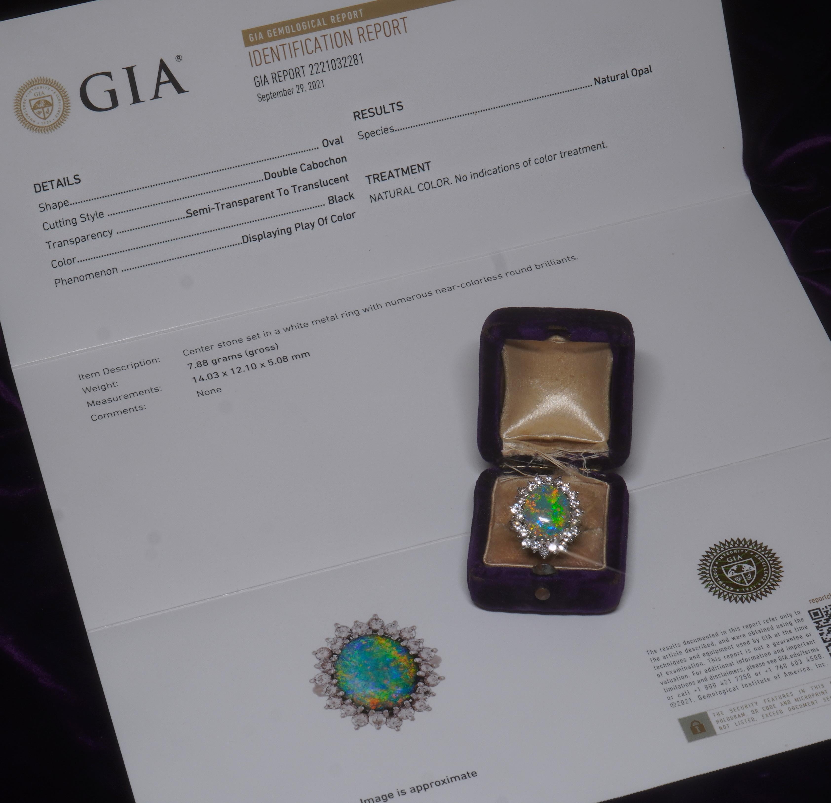 18K Black Opal Australian Diamond Vintage Ring GIA Solid Rainbow Fine 7.08 CTS! In Good Condition For Sale In Sylvania, GA