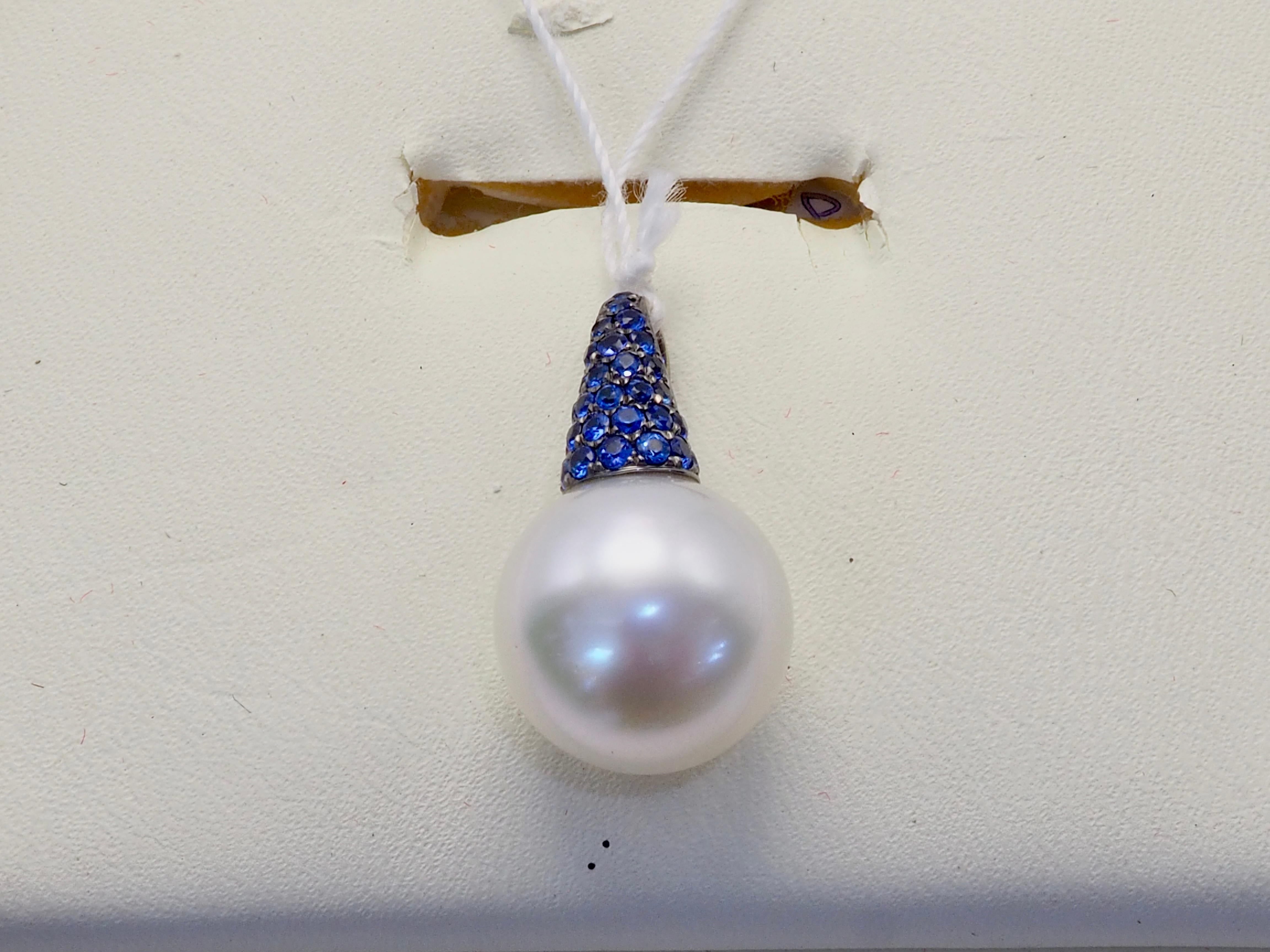 Bead 18K Black Rhodium Gold 12.2mm White South Sea Pearl & 0.35 Blue Sapphire Pendant For Sale