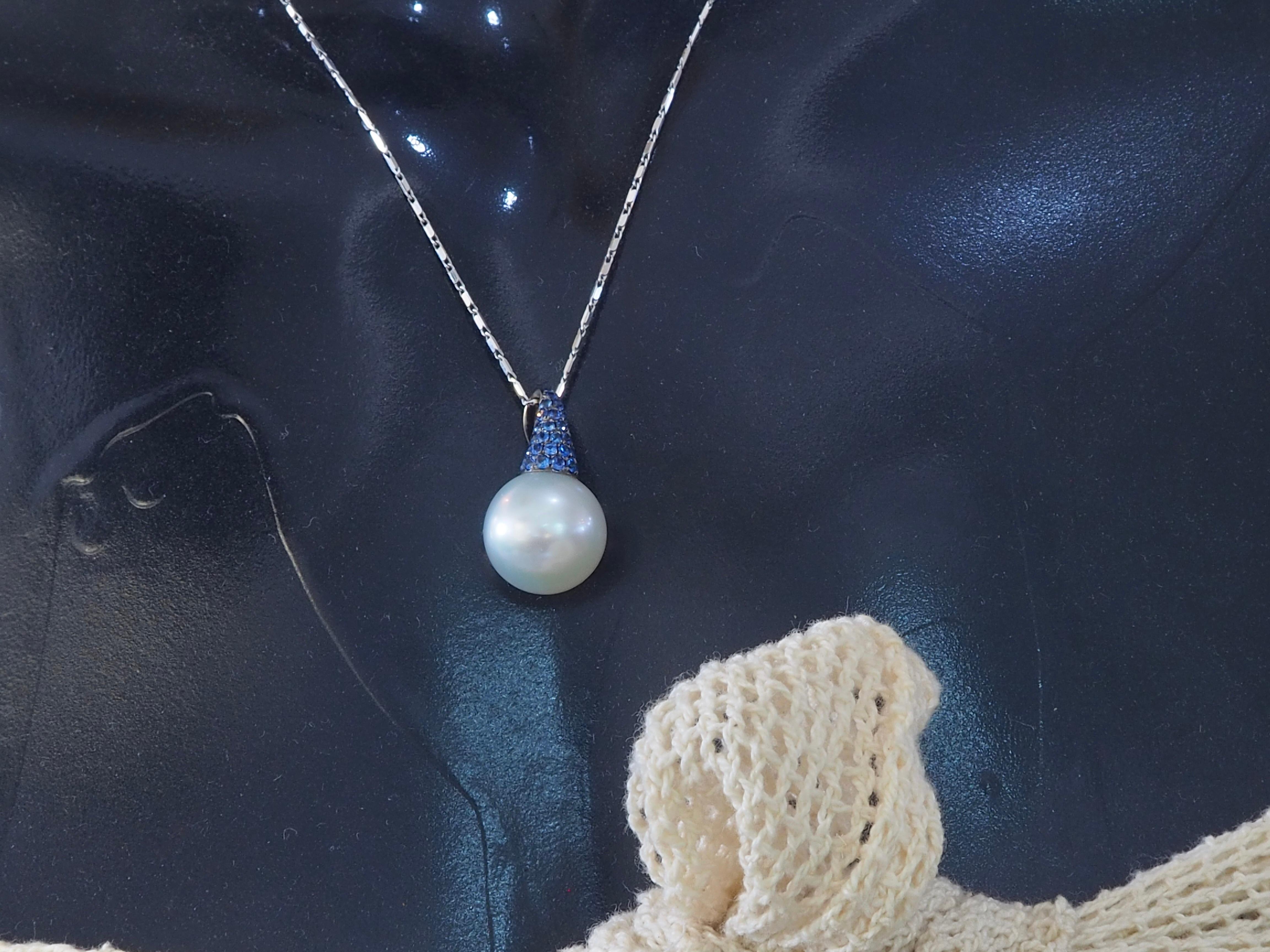 18K Black Rhodium Gold 12.2mm White South Sea Pearl & 0.35 Blue Sapphire Pendant For Sale 1