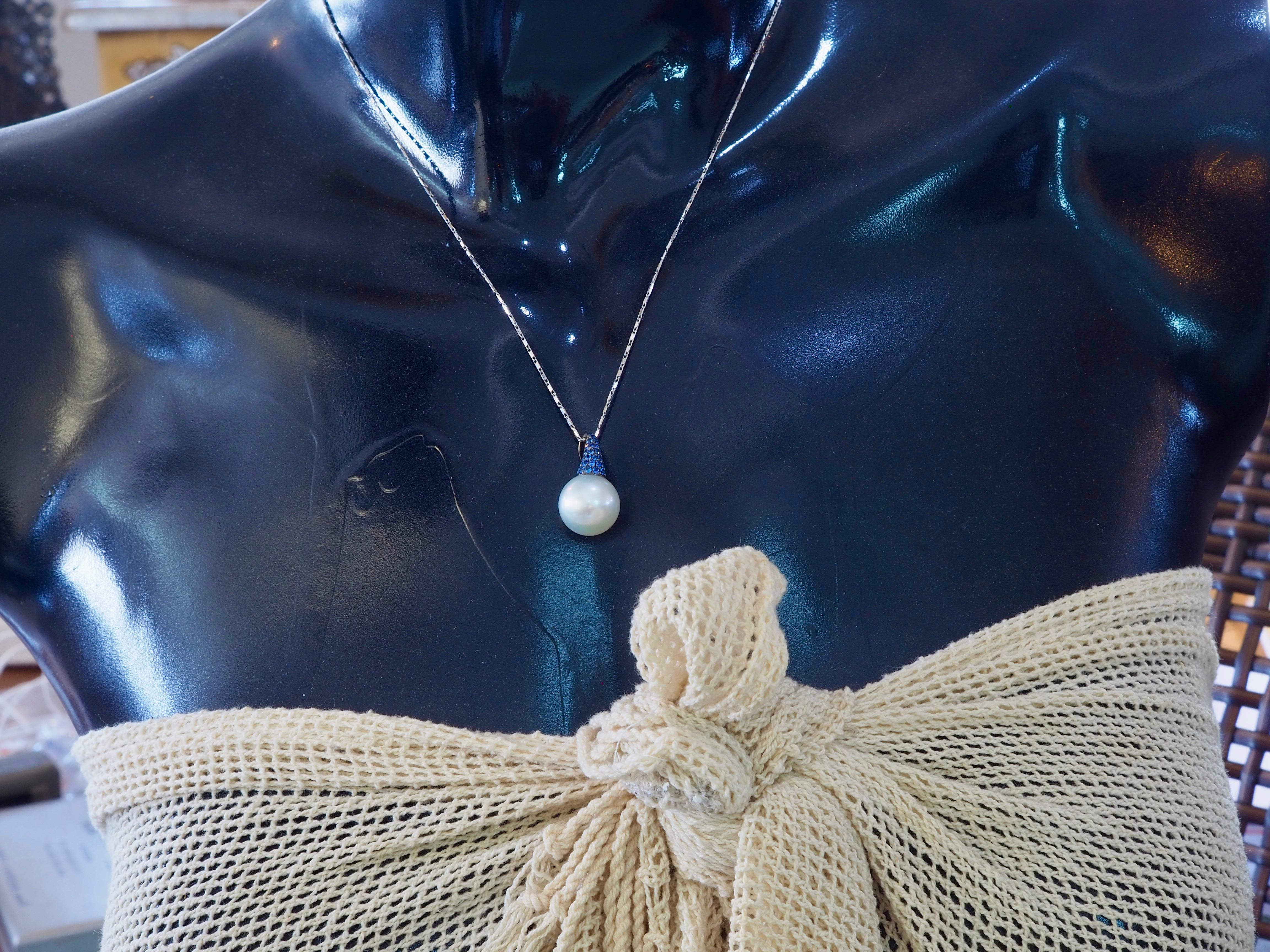 18K Black Rhodium Gold 12.2mm White South Sea Pearl & 0.35 Blue Sapphire Pendant For Sale 2