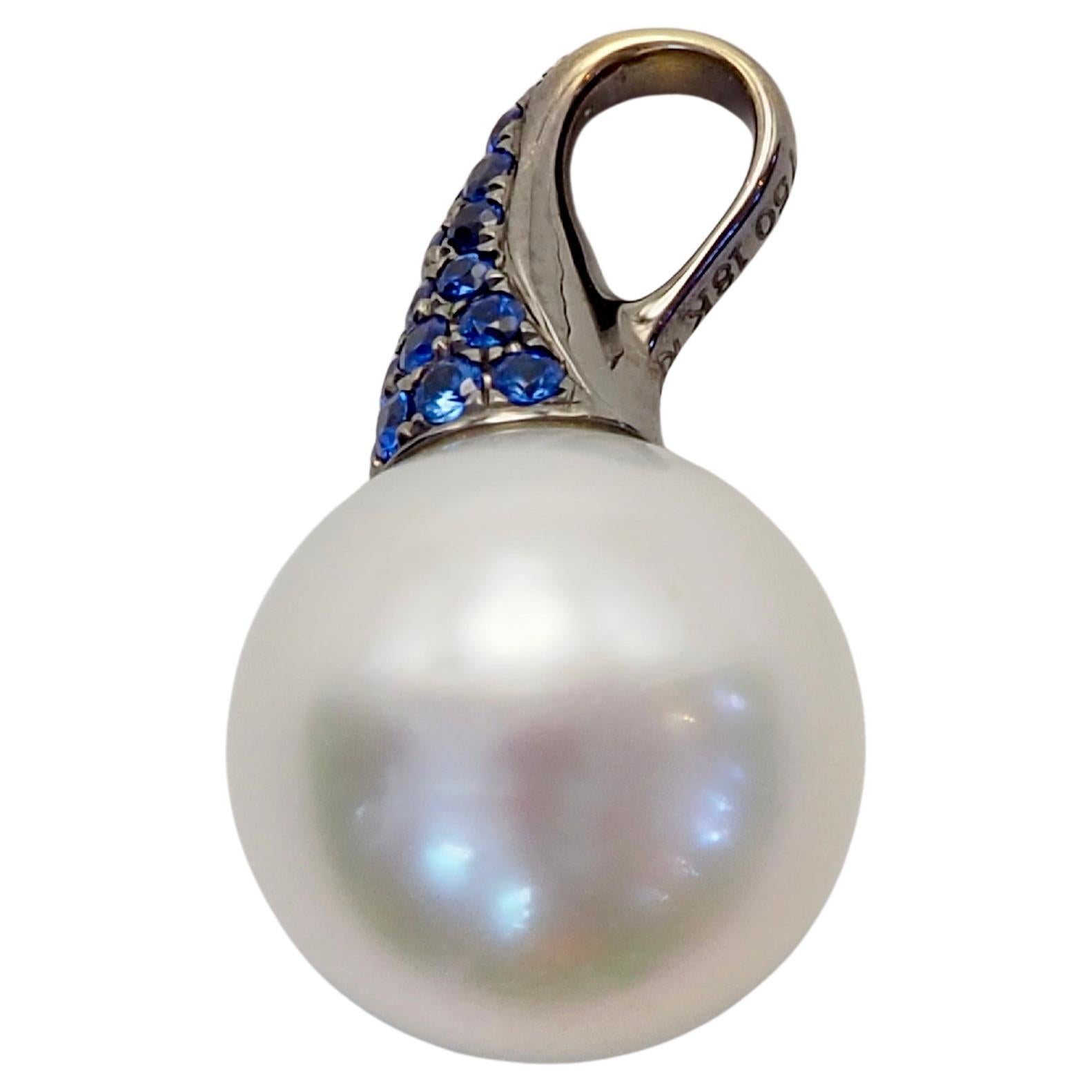 18K Black Rhodium Gold 12.2mm White South Sea Pearl & 0.35 Blue Sapphire Pendant