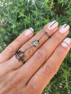 18K Black Rhodium Gold, Black Diamond Double Buddha & Lotus Chain Ring