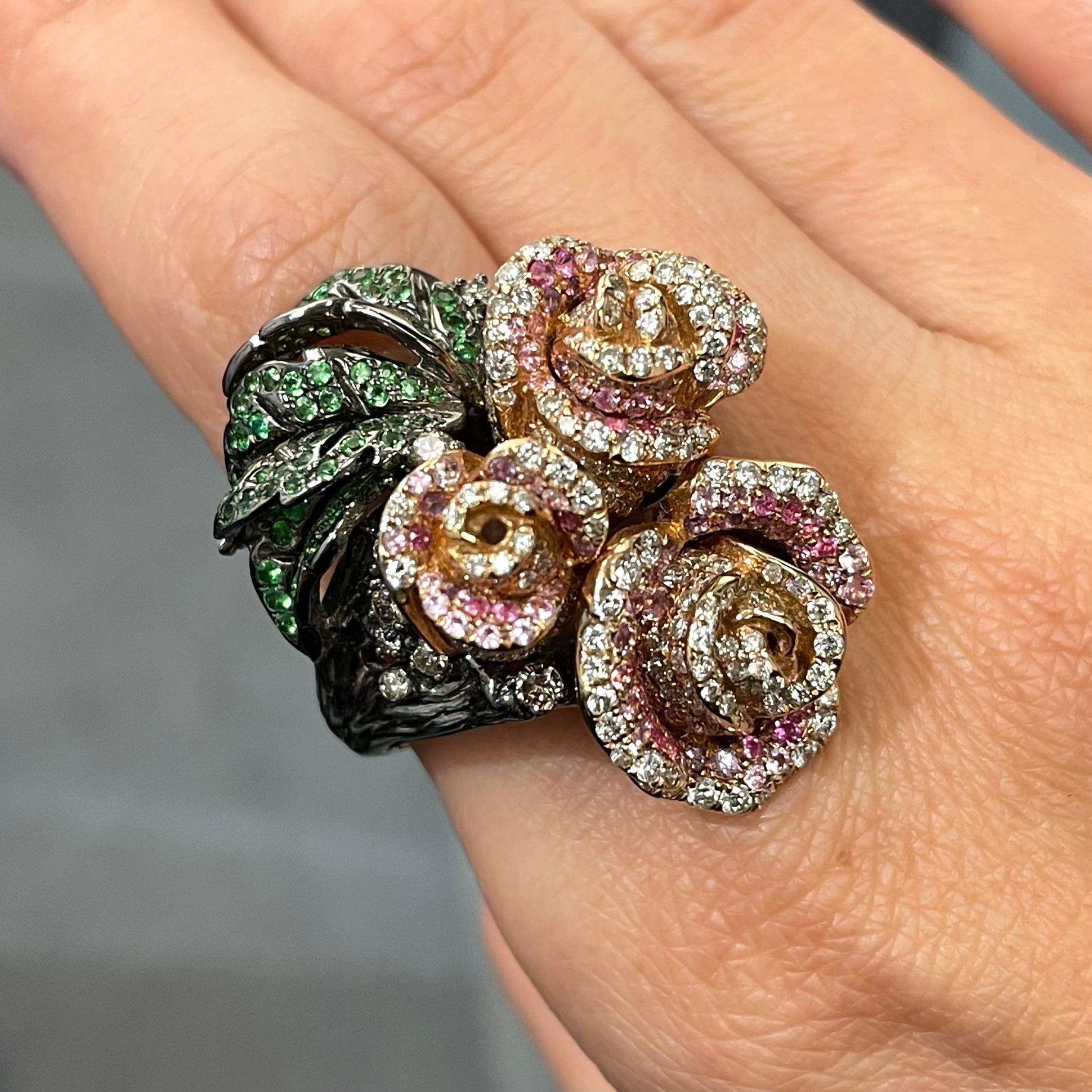Modern 18K Black Rhodium & Rose Gold Tsavorite Pink Sapphire Amethyst with Diamond Ring For Sale
