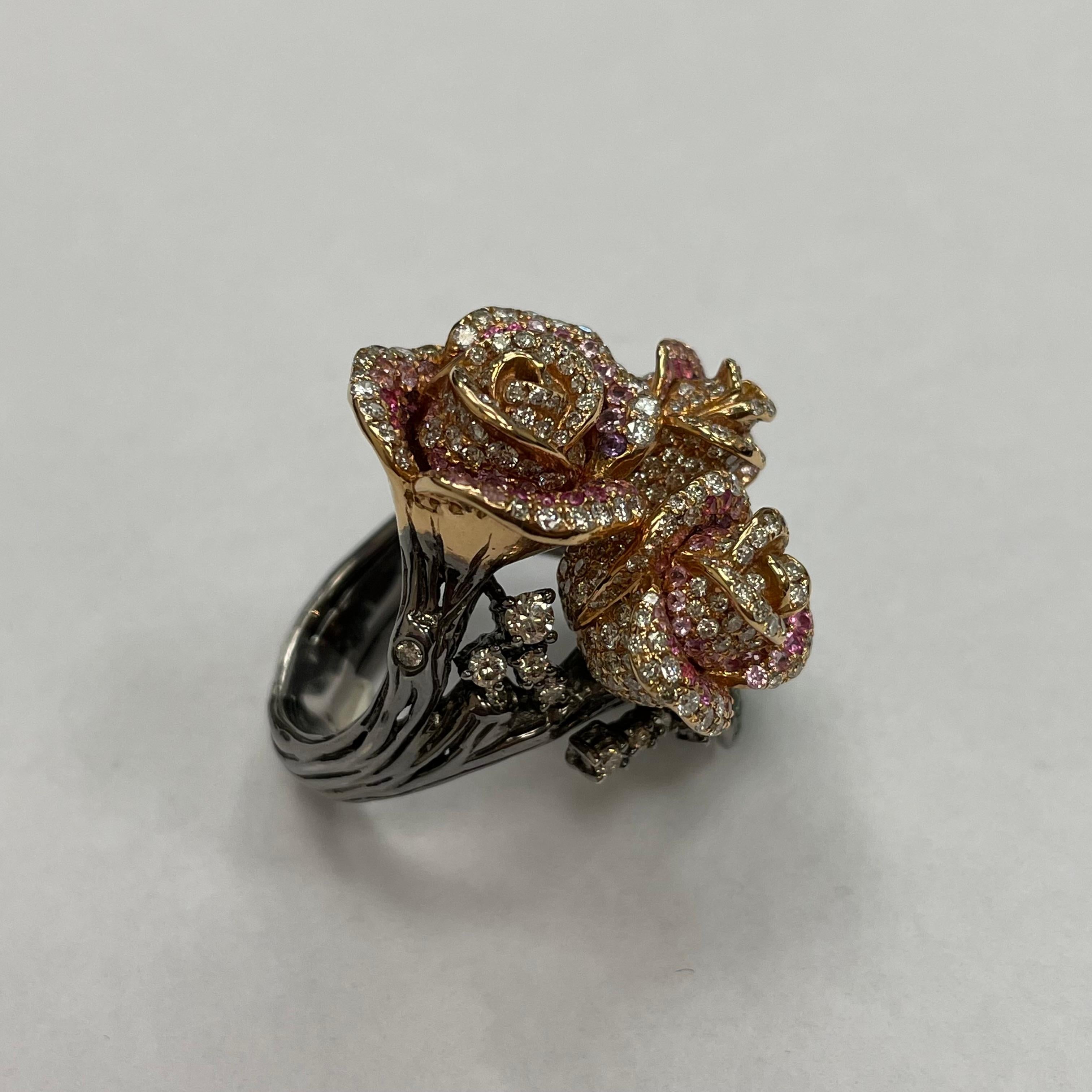Brilliant Cut 18K Black Rhodium & Rose Gold Tsavorite Pink Sapphire Amethyst with Diamond Ring For Sale