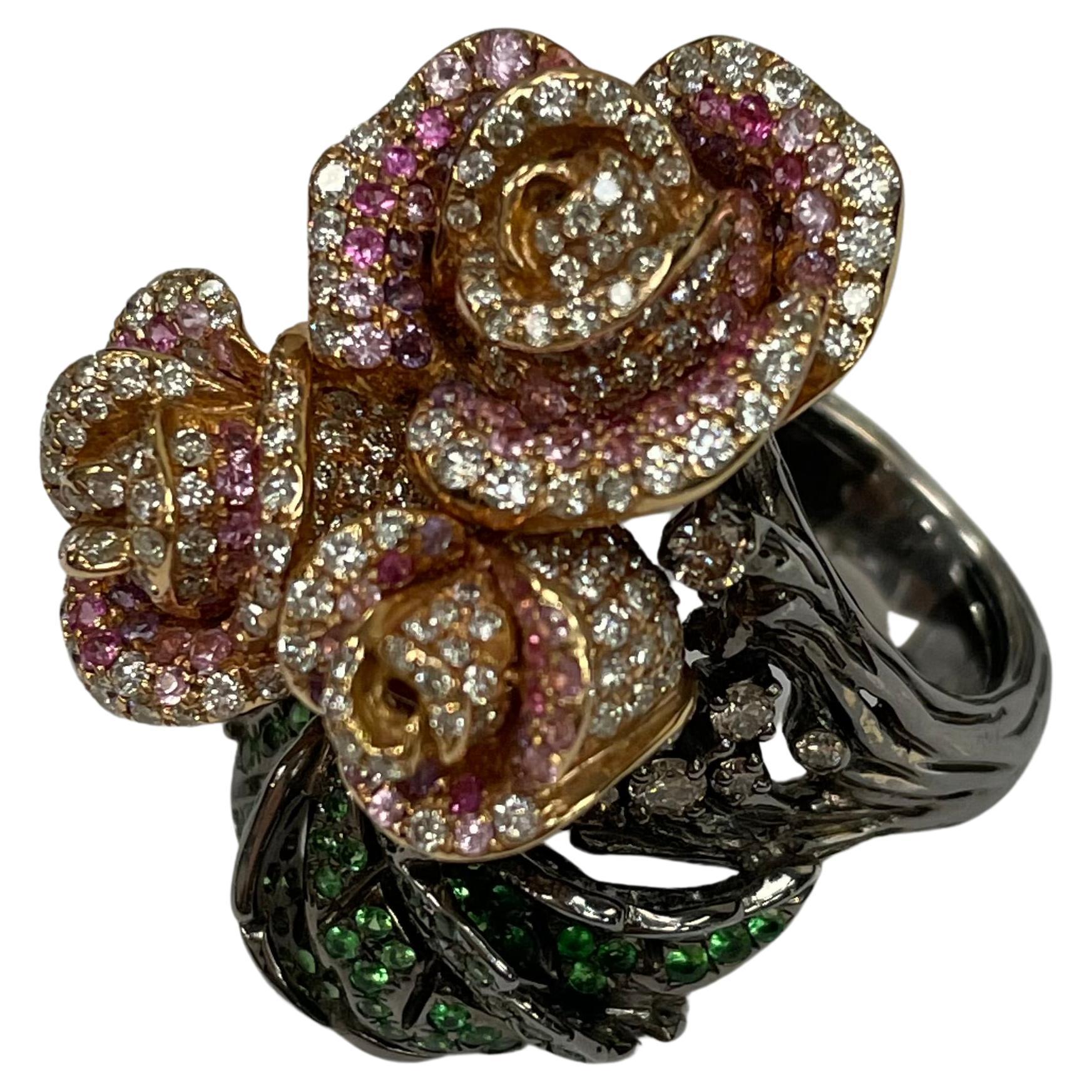 18 Karat Schwarzer Rhodium & Roségold Tsavorit Rosa Saphir Amethyst mit Diamantring im Angebot