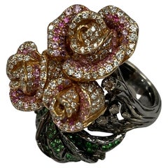 Bague en rhodium noir et or rose 18 carats, tsavorite, saphir rose, améthyste et diamant