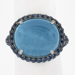 18K Blackened Gold Pave Sapphire and GIA 15ct Rare Cat's Eye Aquamarine Ring