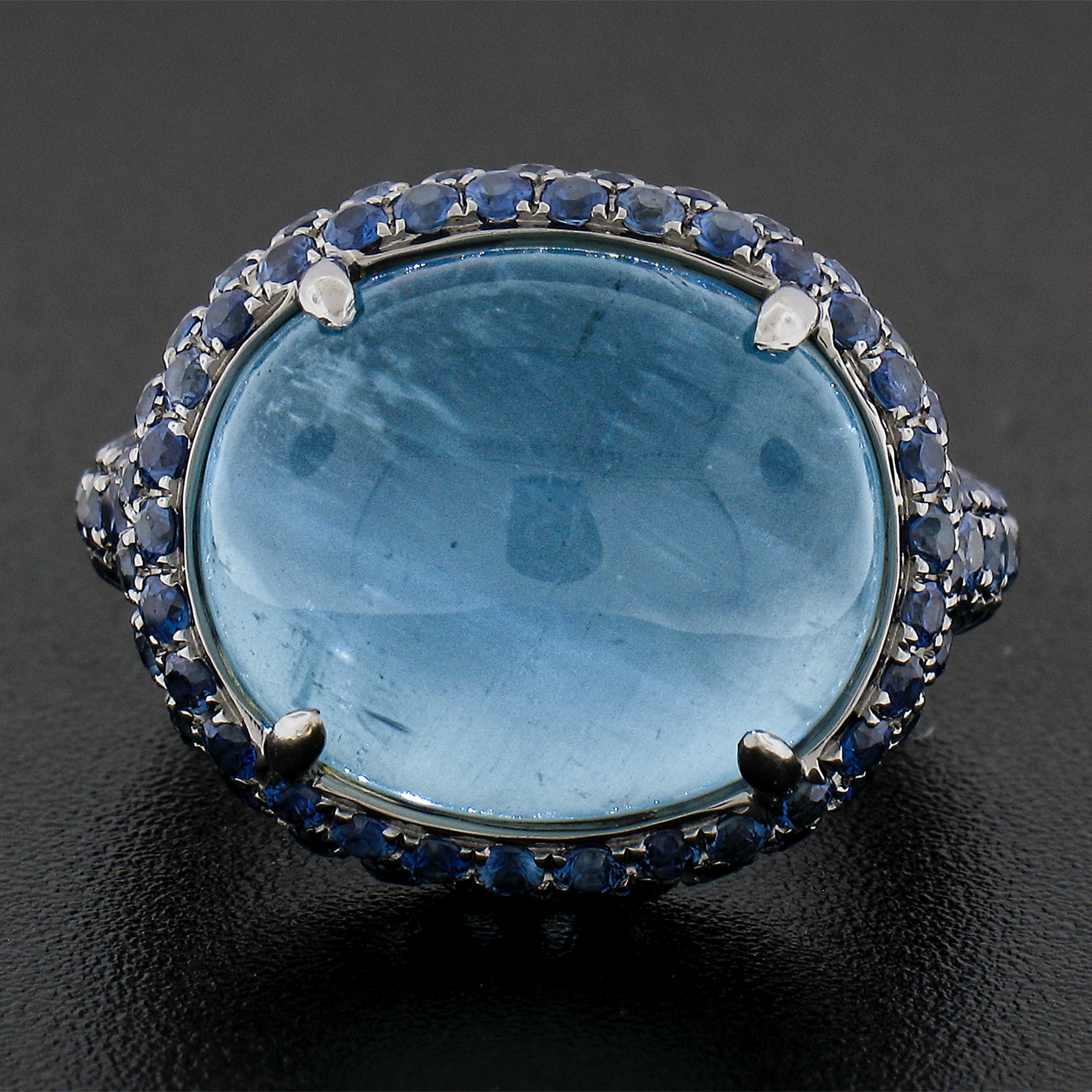 Cabochon 18K Blackened Gold Pave Sapphire and GIA 15ct Rare Cat's Eye Aquamarine Ring For Sale