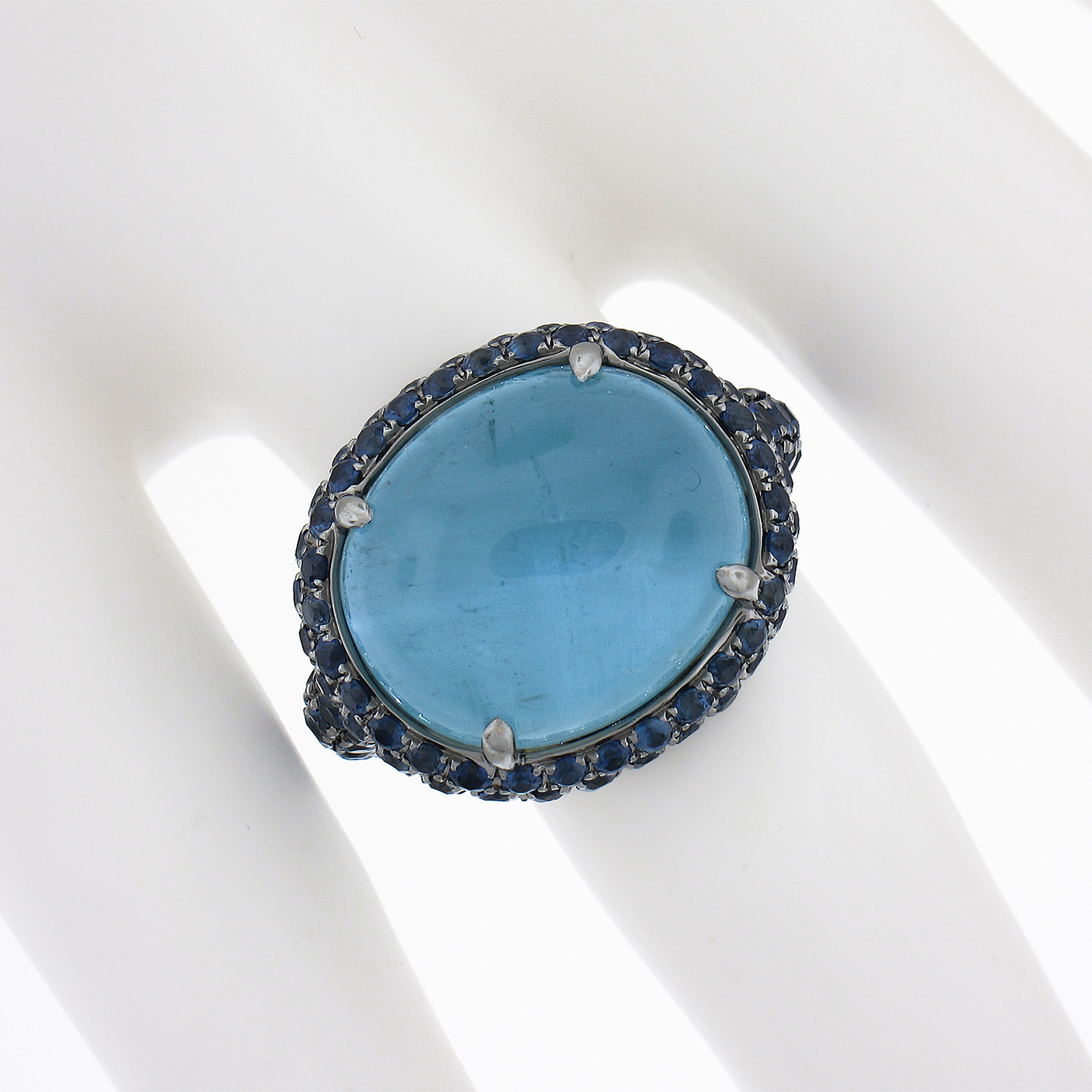 18K Blackened Gold Pave Sapphire and GIA 15ct Rare Cat's Eye Aquamarine Ring In Excellent Condition For Sale In Montclair, NJ