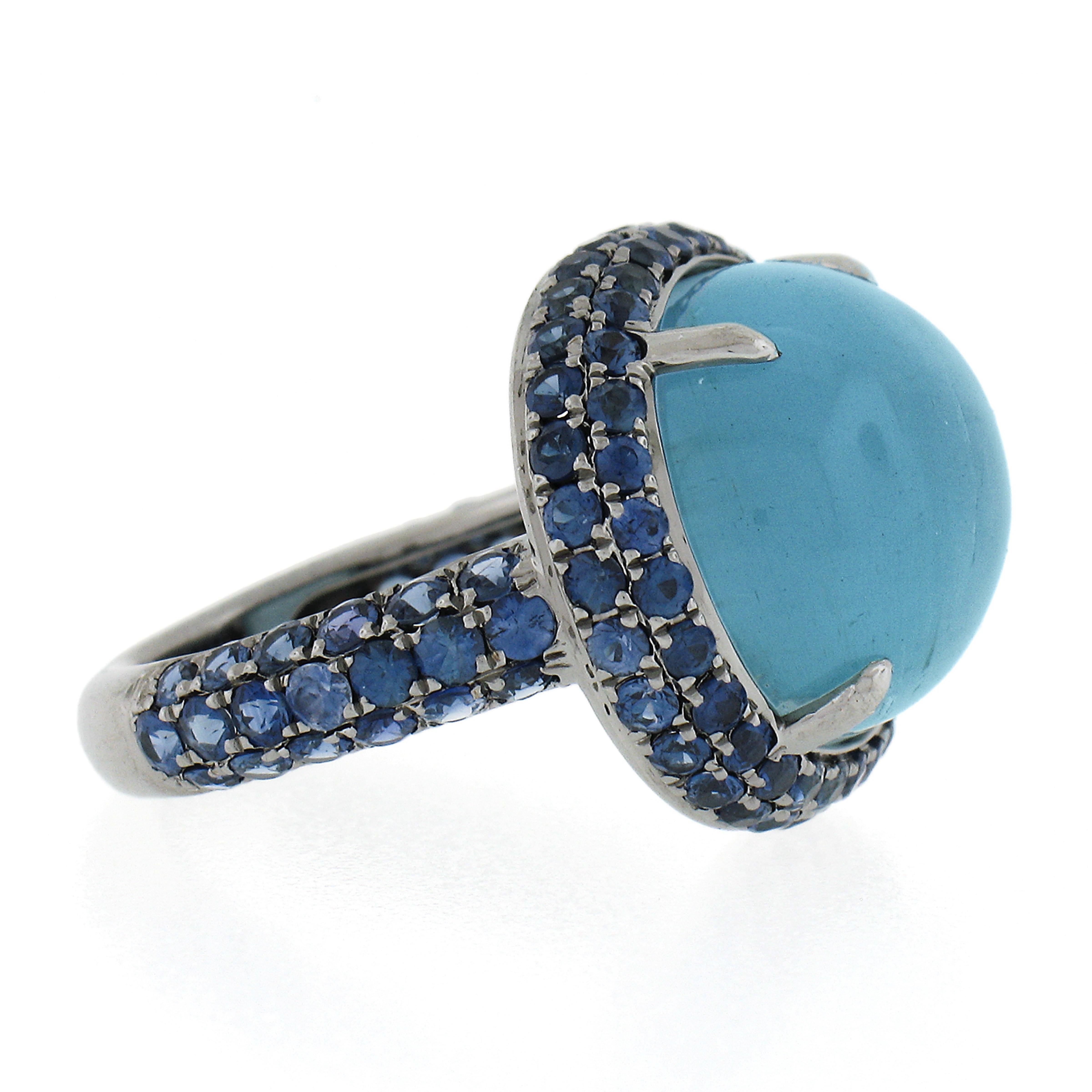 Women's 18K Blackened Gold Pave Sapphire and GIA 15ct Rare Cat's Eye Aquamarine Ring For Sale