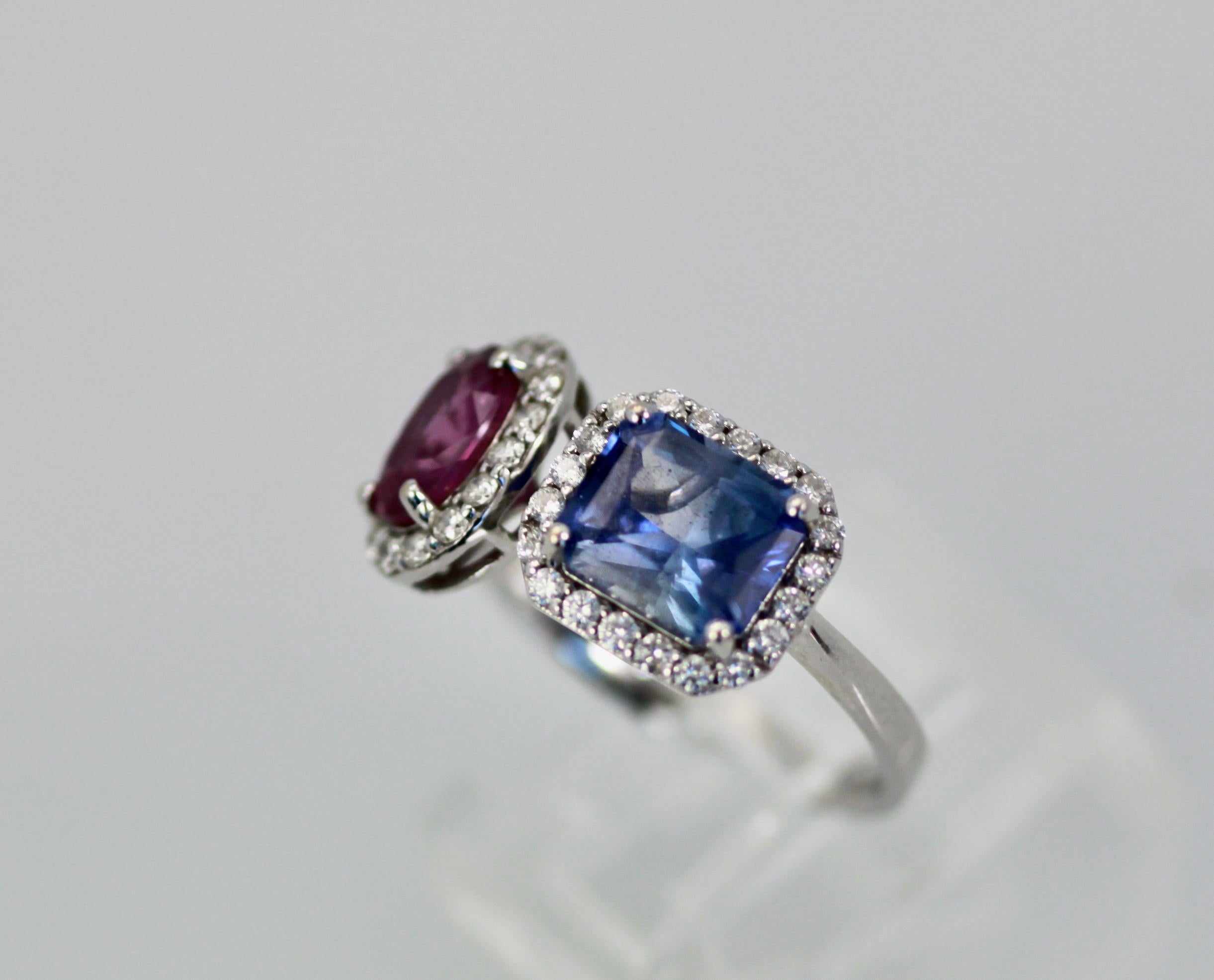 Cushion Cut 18k Blue and Pink Sapphire Diamond Ring 3.28 Carats For Sale
