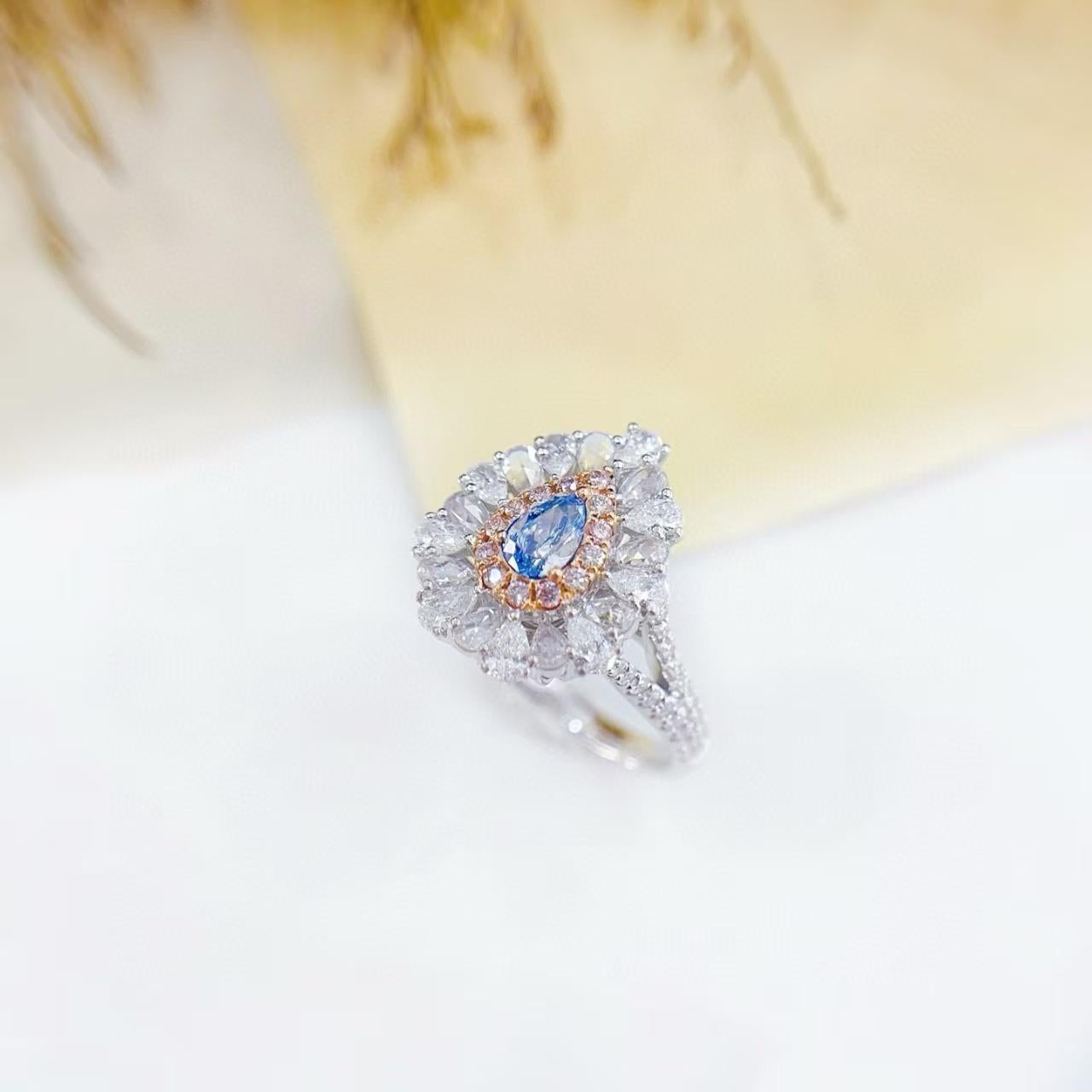 Modern 18K Vivid Blue Diamond Pink Diamond Double Halo Cocktail Ring/Pendant For Sale