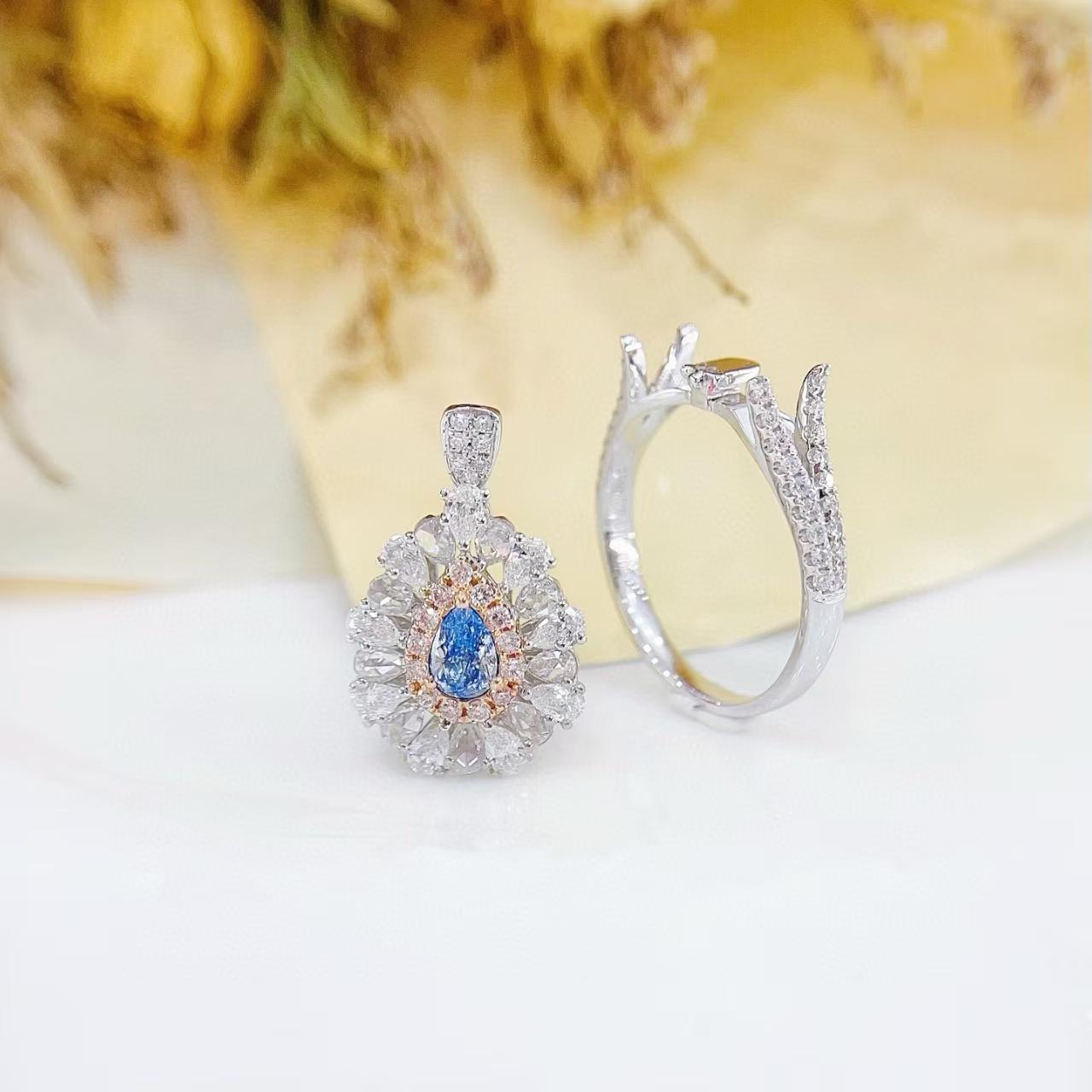 Pear Cut 18K Vivid Blue Diamond Pink Diamond Double Halo Cocktail Ring/Pendant For Sale