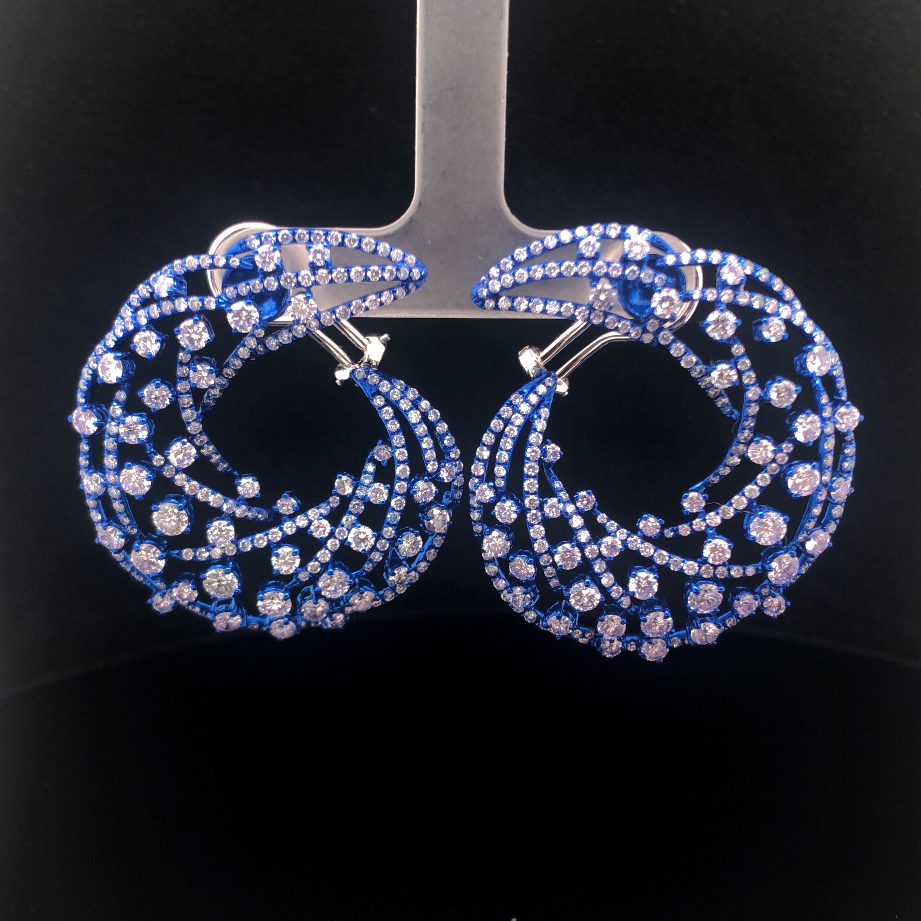 18K Blue Electrophoretic Coating 7.90 CT Diamond Semi-Hoop Earring For Sale 2