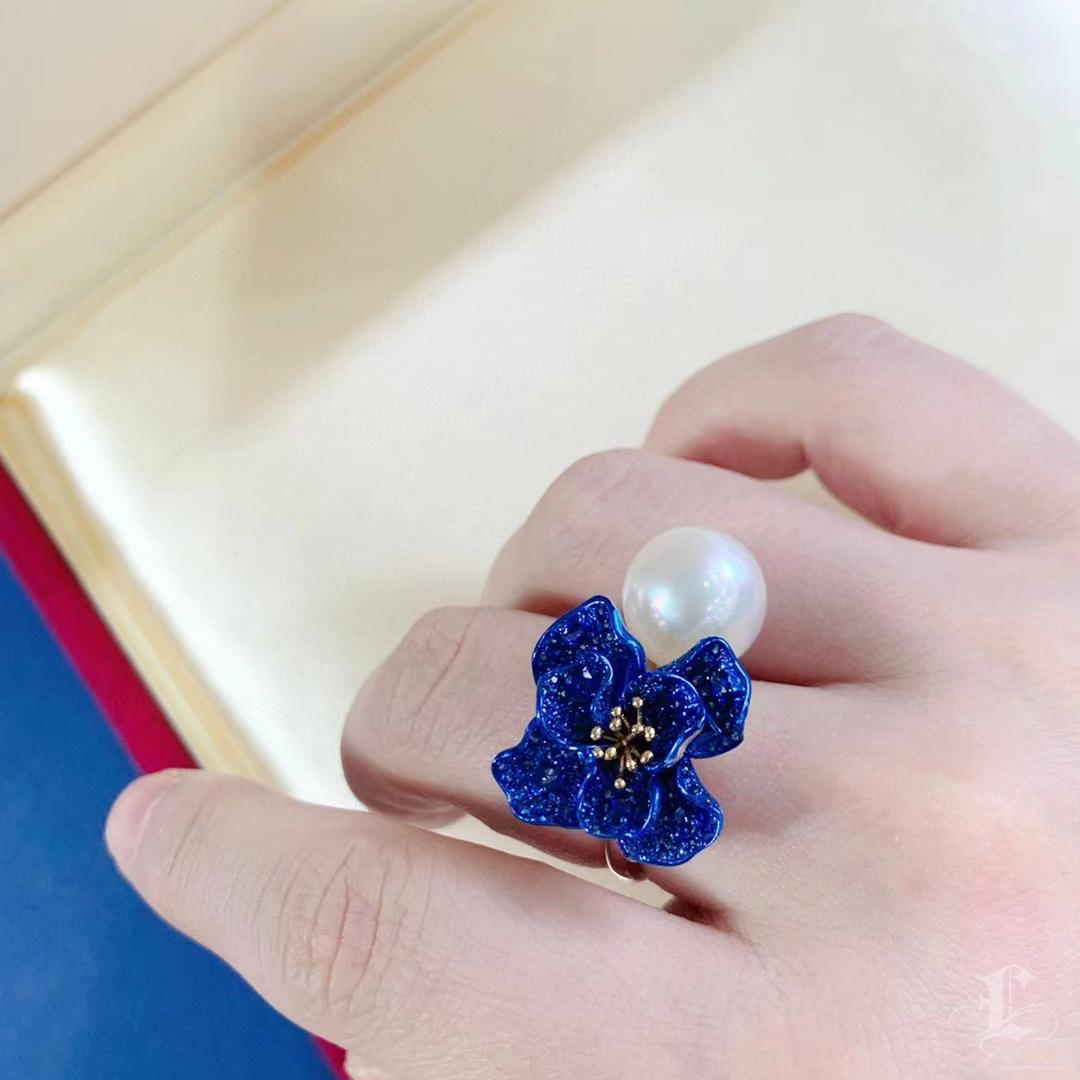 【Vine Symphony】Azul Flor Aurora Perla del Mar del Sur Anillo de Declaración Sin cortar en venta