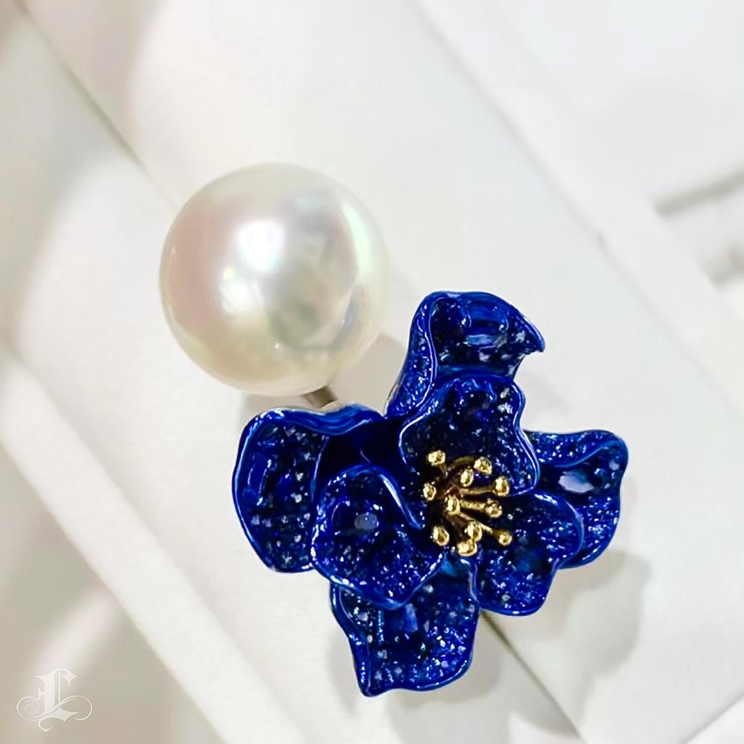 De las mujeres 【Vine Symphony】Azul Flor Aurora Perla del Mar del Sur Anillo de Declaración en venta