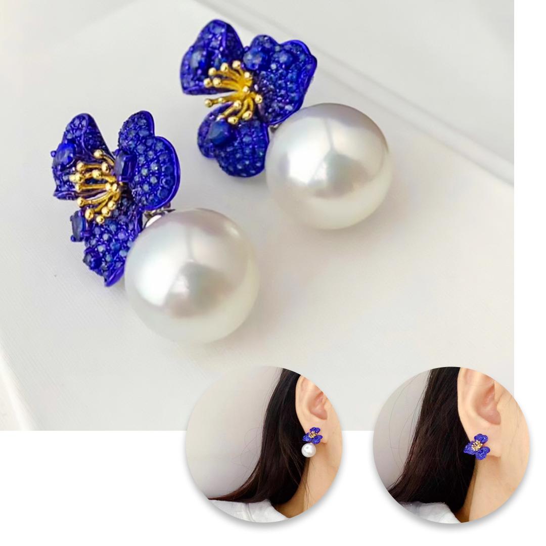 Uncut 【Vine Symphony】Convertible Blue-Gold Blossom Sapphire & South Sea Pearl Earrings For Sale