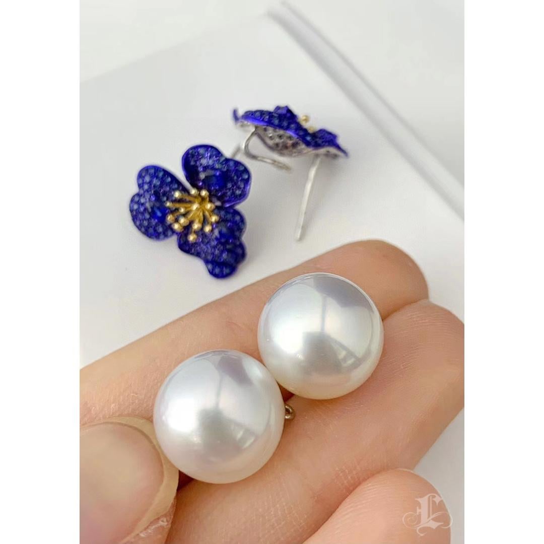 Women's 【Vine Symphony】Convertible Blue-Gold Blossom Sapphire & South Sea Pearl Earrings For Sale