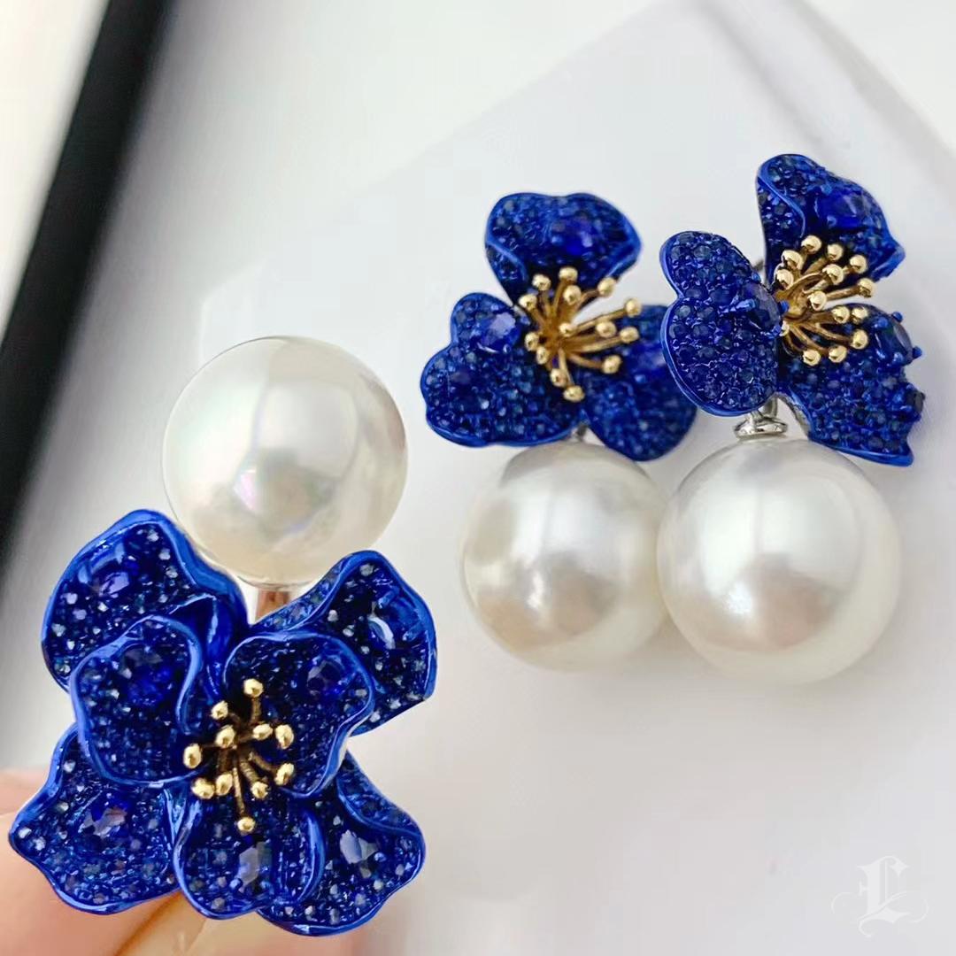 【Vine Symphony】Convertible Blue-Gold Blossom Sapphire & South Sea Pearl Earrings For Sale 1