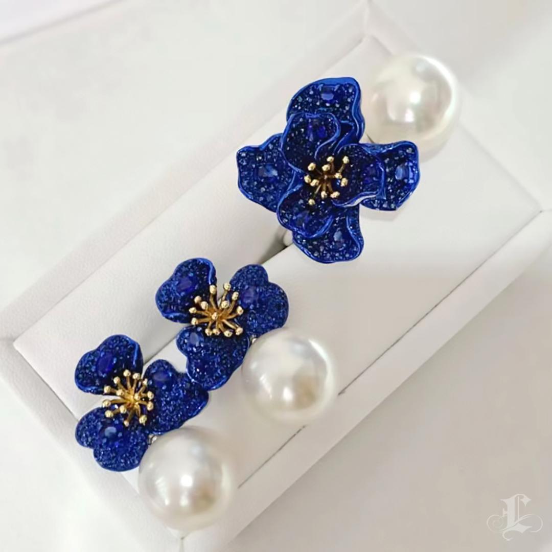 【Vine Symphony】Convertible Blue-Gold Blossom Sapphire & South Sea Pearl Earrings For Sale 2