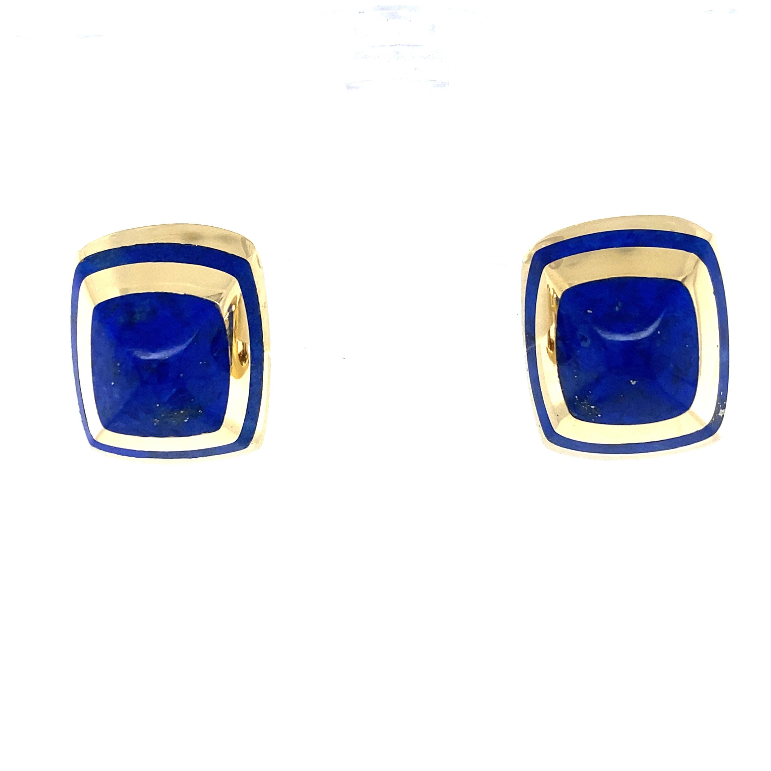 Blue Lapis Drop Lever-Back Earrings in 18K Yellow Gold.  The Earrings measure 3/4 inch in length and 10/16 inch in width. Lever-Back closure.  Made in Italy. 19.7 grams.