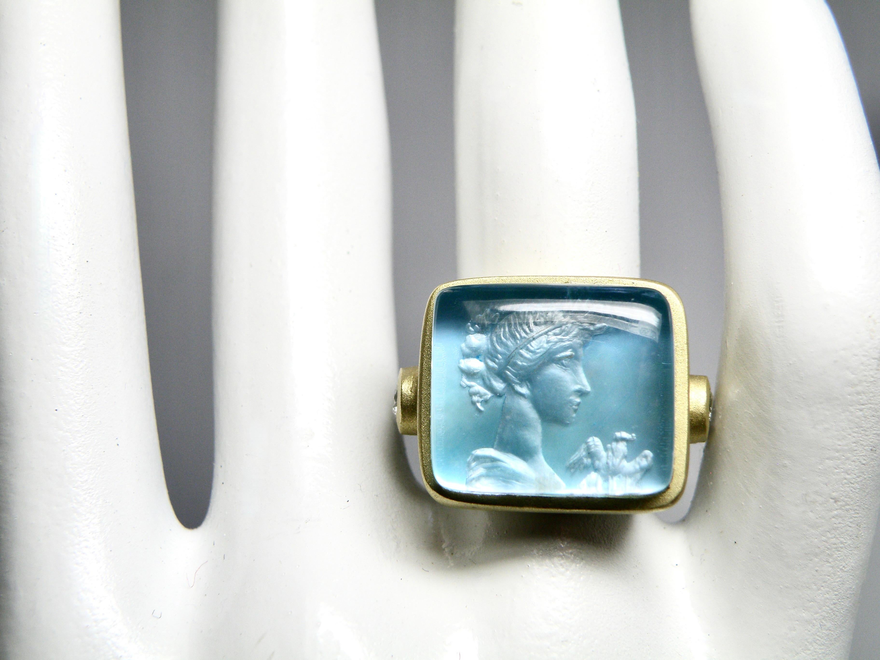 18K brushed gold cameo ring hand carved on reverse crystal backed with motor of pearl and diamond band