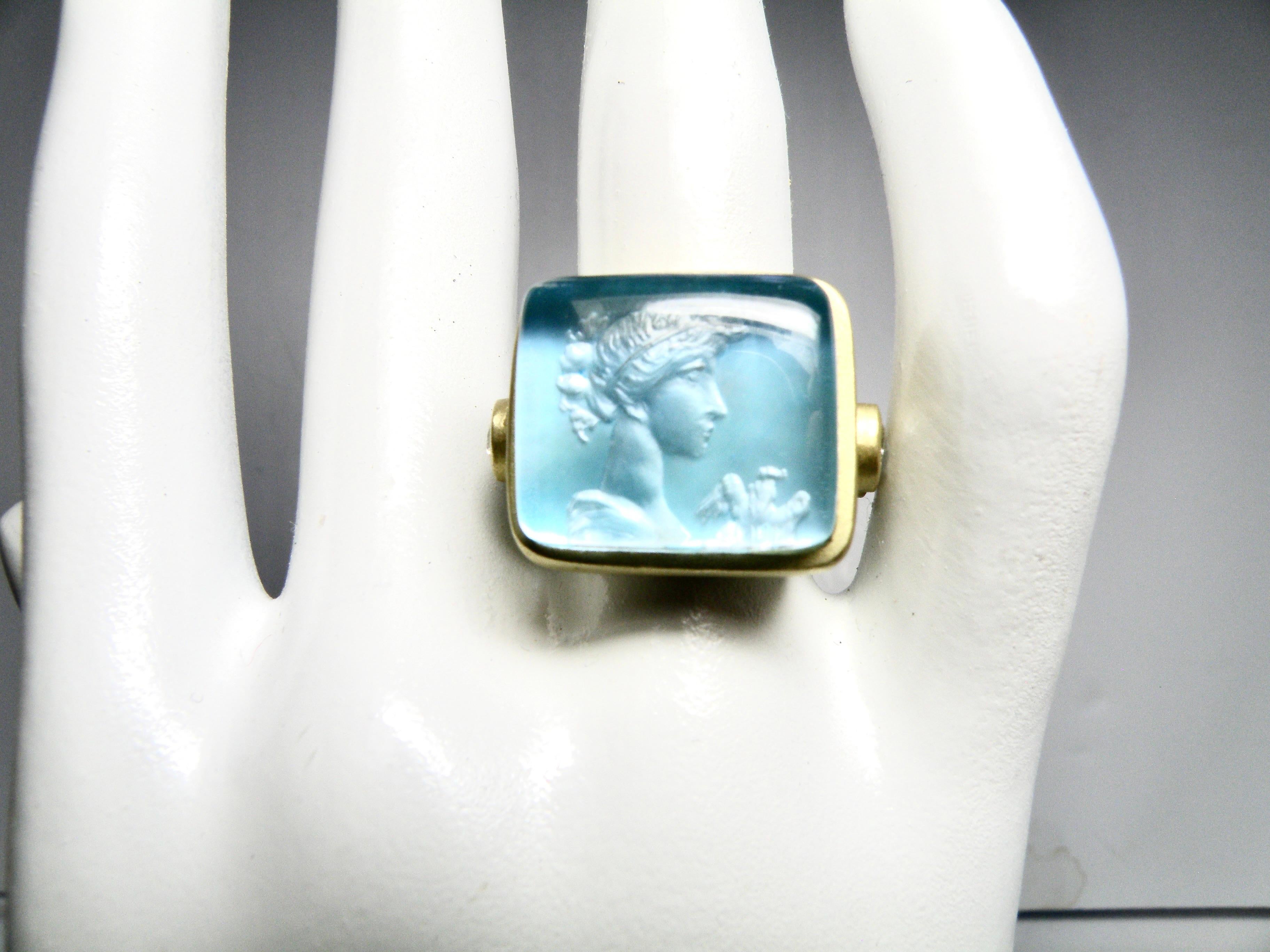 Contemporary 18k blue mother of pearl classical lady cameo ring For Sale