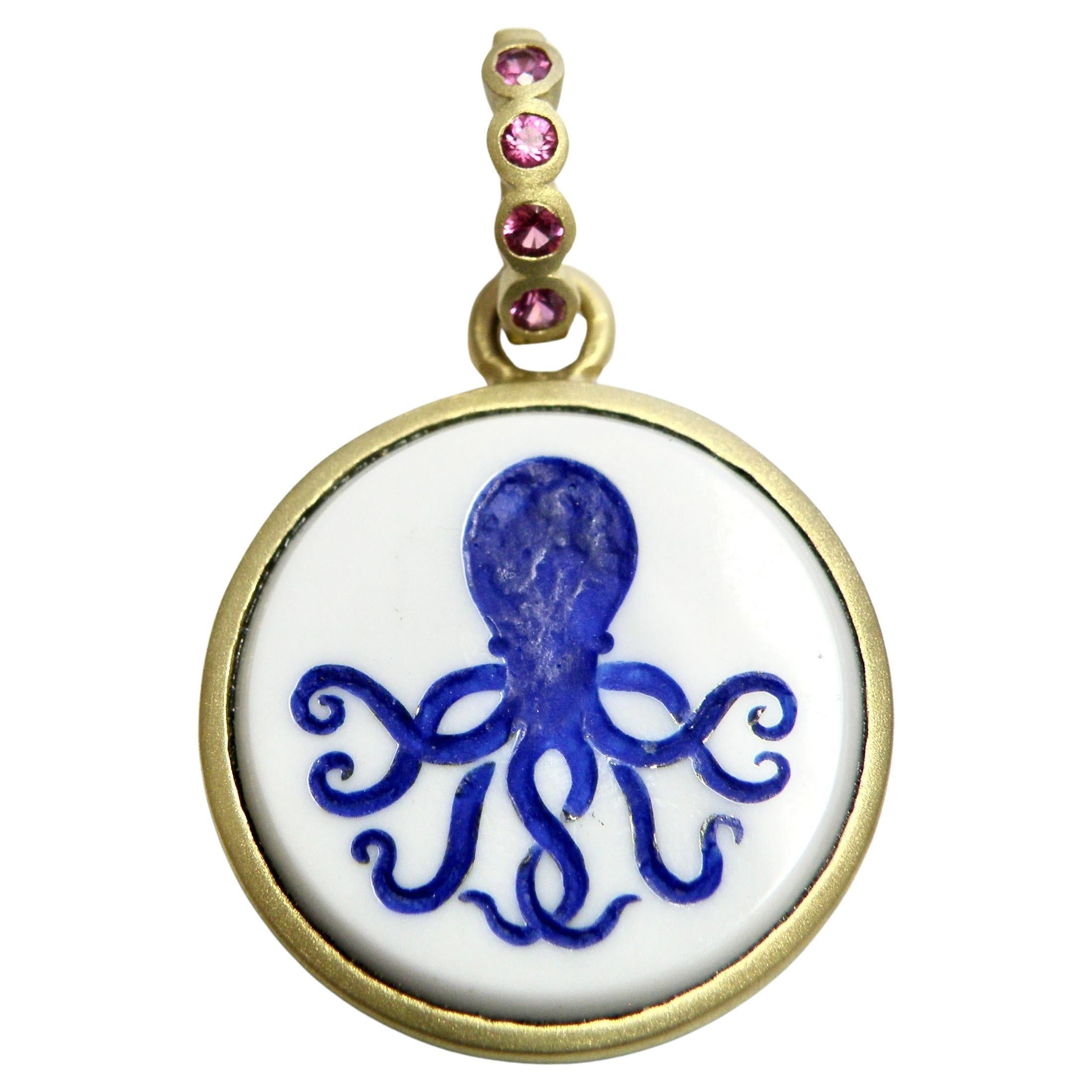 18k Blue Octopus Intaglio enhancer w sapphire bail
