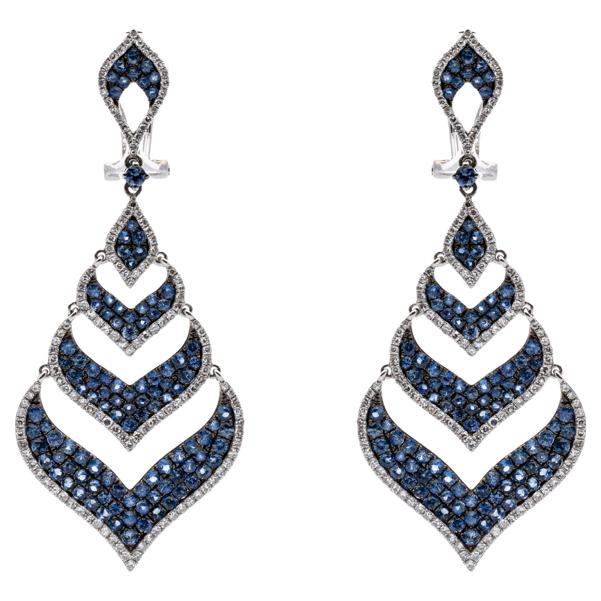 18k Gold Sapphire and Pave Diamond Swirled Chevron Drop Earrings, App. 1.24 TCW