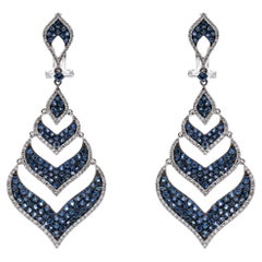 18k Gold Sapphire and Pave Diamond Swirled Chevron Drop Earrings, App. 1.24 TCW