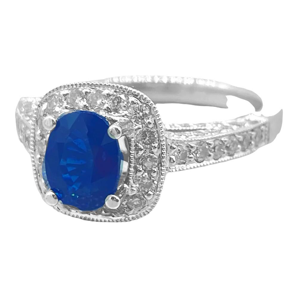 18K Blue Sapphire and Diamond Halo Ring 2.20 Carat Total In Excellent Condition For Sale In Laguna Hills, CA