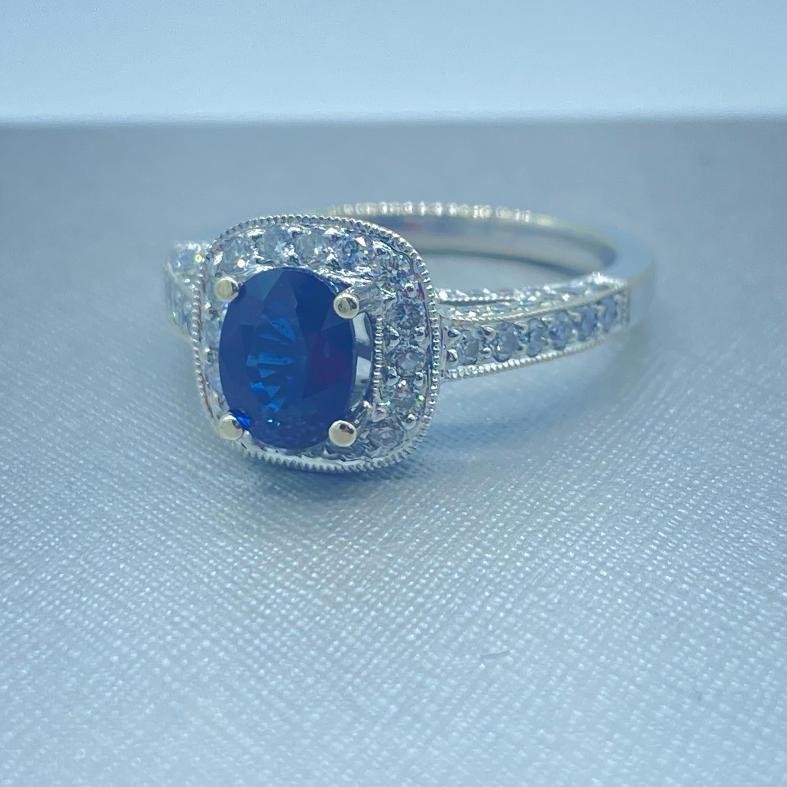 Women's or Men's 18K Blue Sapphire and Diamond Halo Ring 2.20 Carat Total For Sale