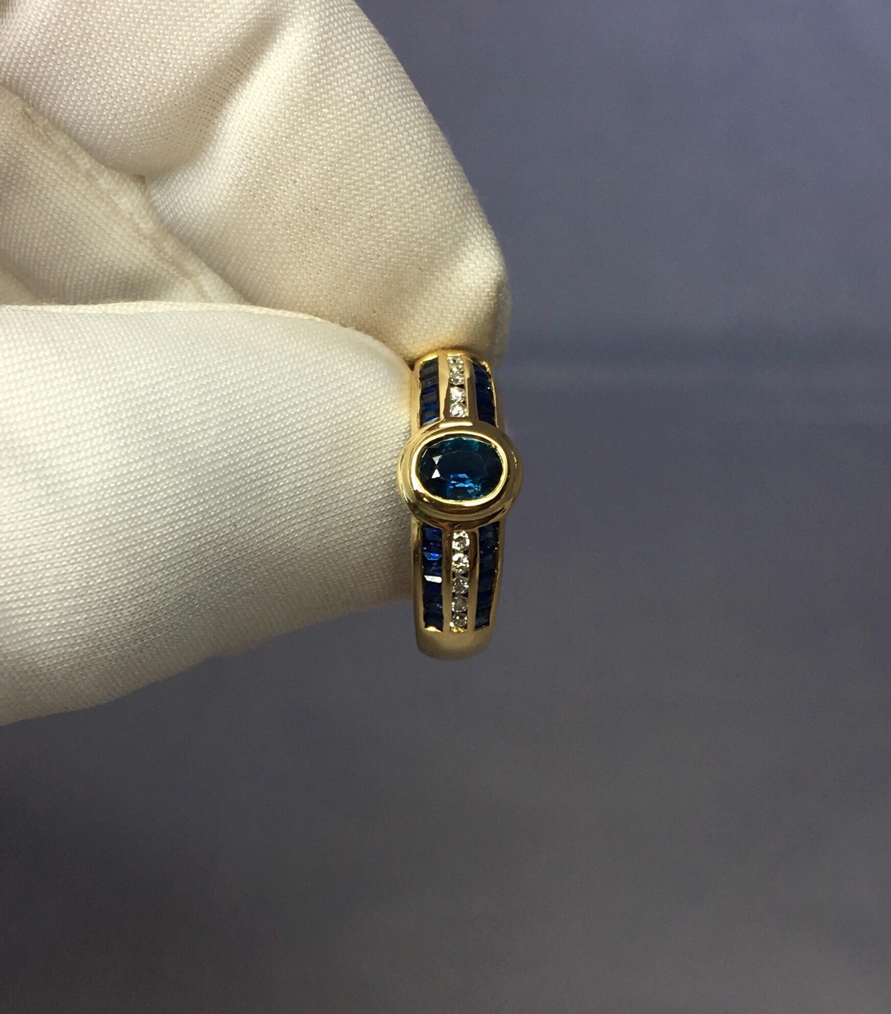 Women's or Men's 18k Blue Sapphire & Diamond Designer Ring 1 Carat Yellow Gold Rubover Bezel Set