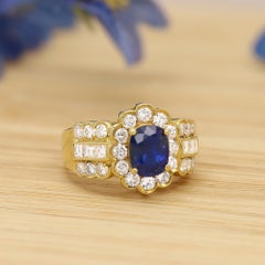 18k Blue Sapphire Ring Diamond Cocktail Ring Solid Yellow Gold Statement
