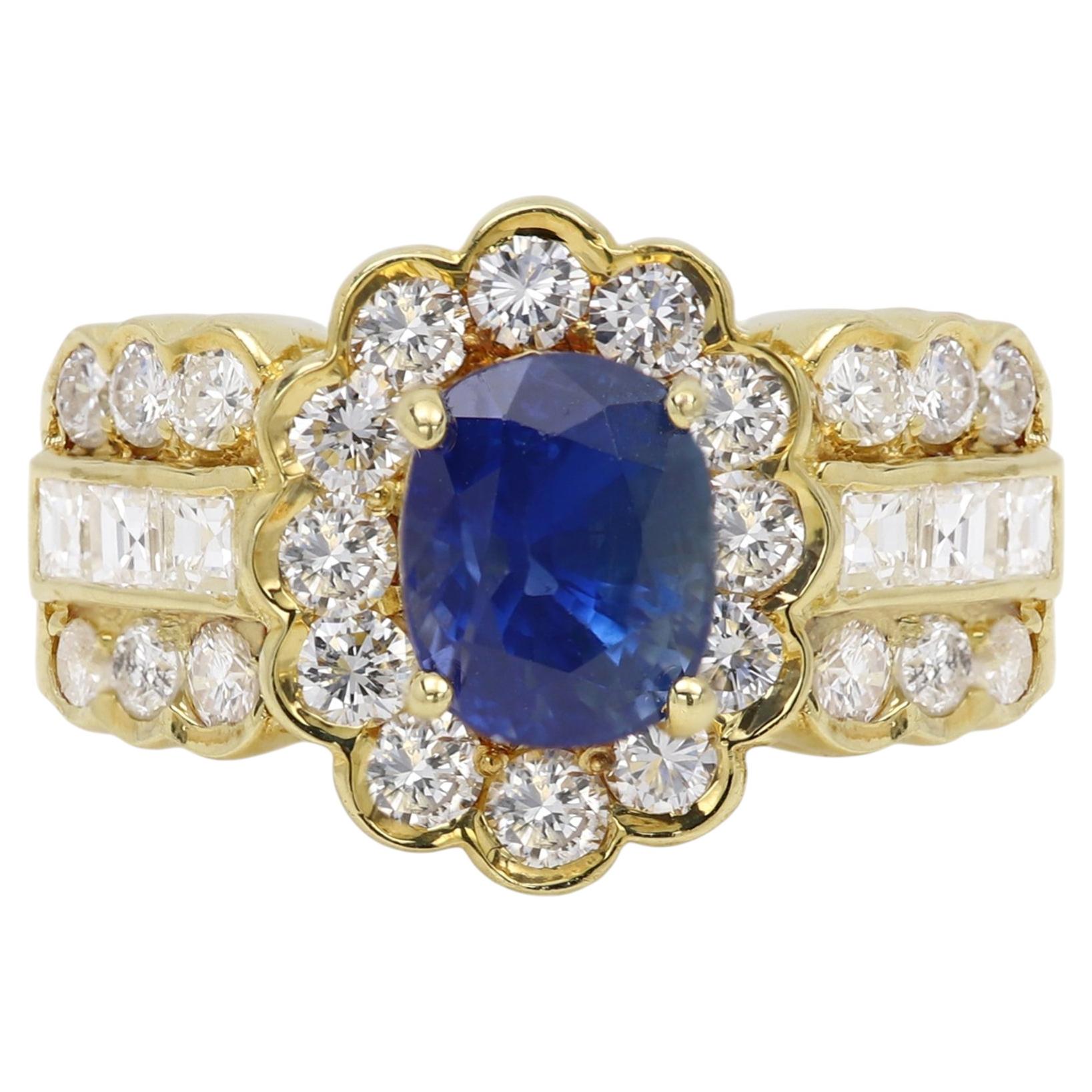 18k Blue Sapphire Ring Diamond Cocktail Ring Solid Yellow Gold Statement en vente