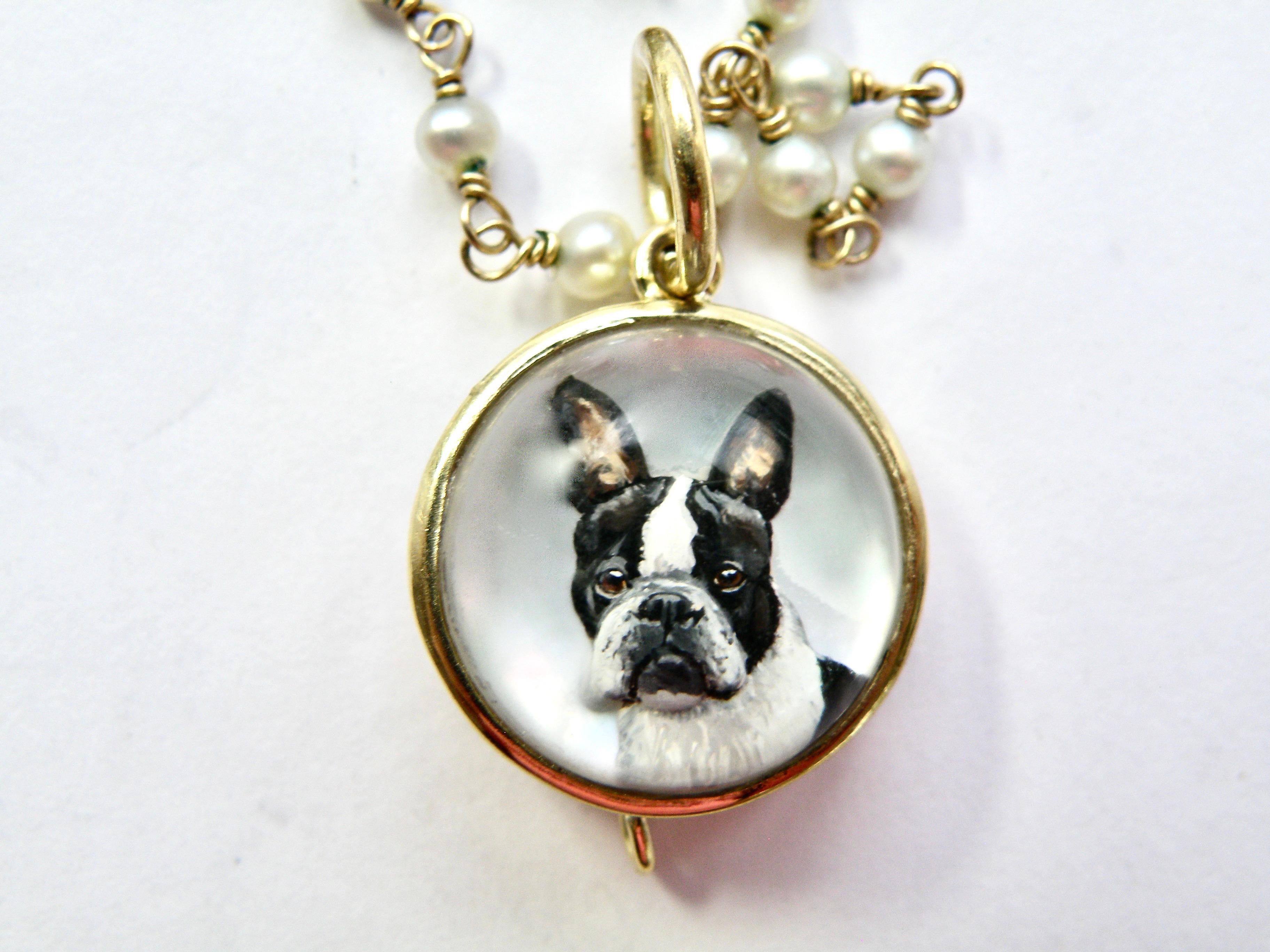 18K boston terrier pug pendant hand painted reverse crystal quartz backed with mothher of pearl hand ainted by Idhar Oberstein master carver