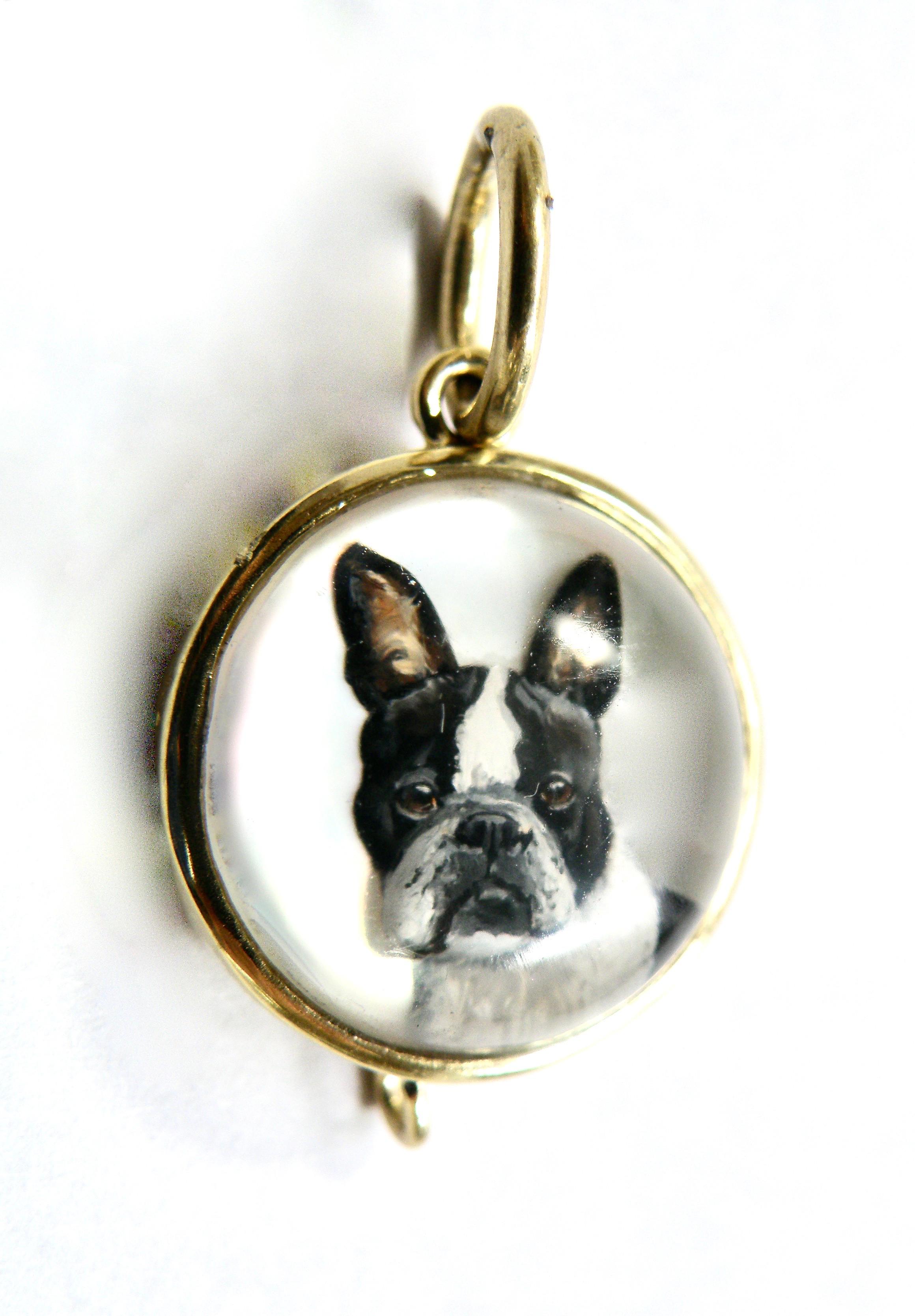 Contemporary 18k Boston Terrier Pug Reverse Crystal Pendant For Sale