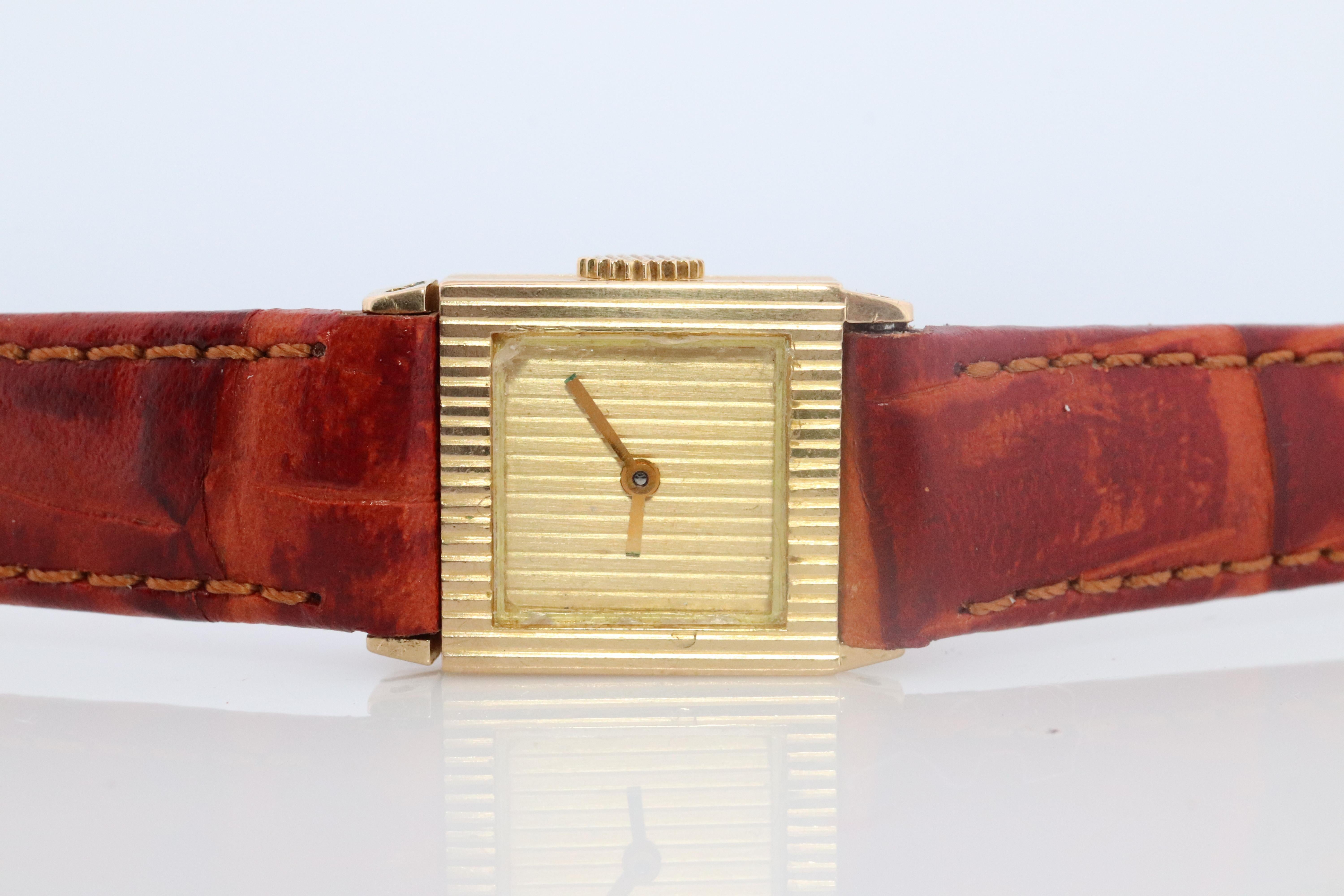 Extremely rare Boucheron Wristwatch made in Paris. It is from the Reflet collection and possible the smallest piece in the collection. Manual Movement.

18k Yellow Gold Case.

Condition:
Watch shows some signs of wear. Works and keeps time. Needs