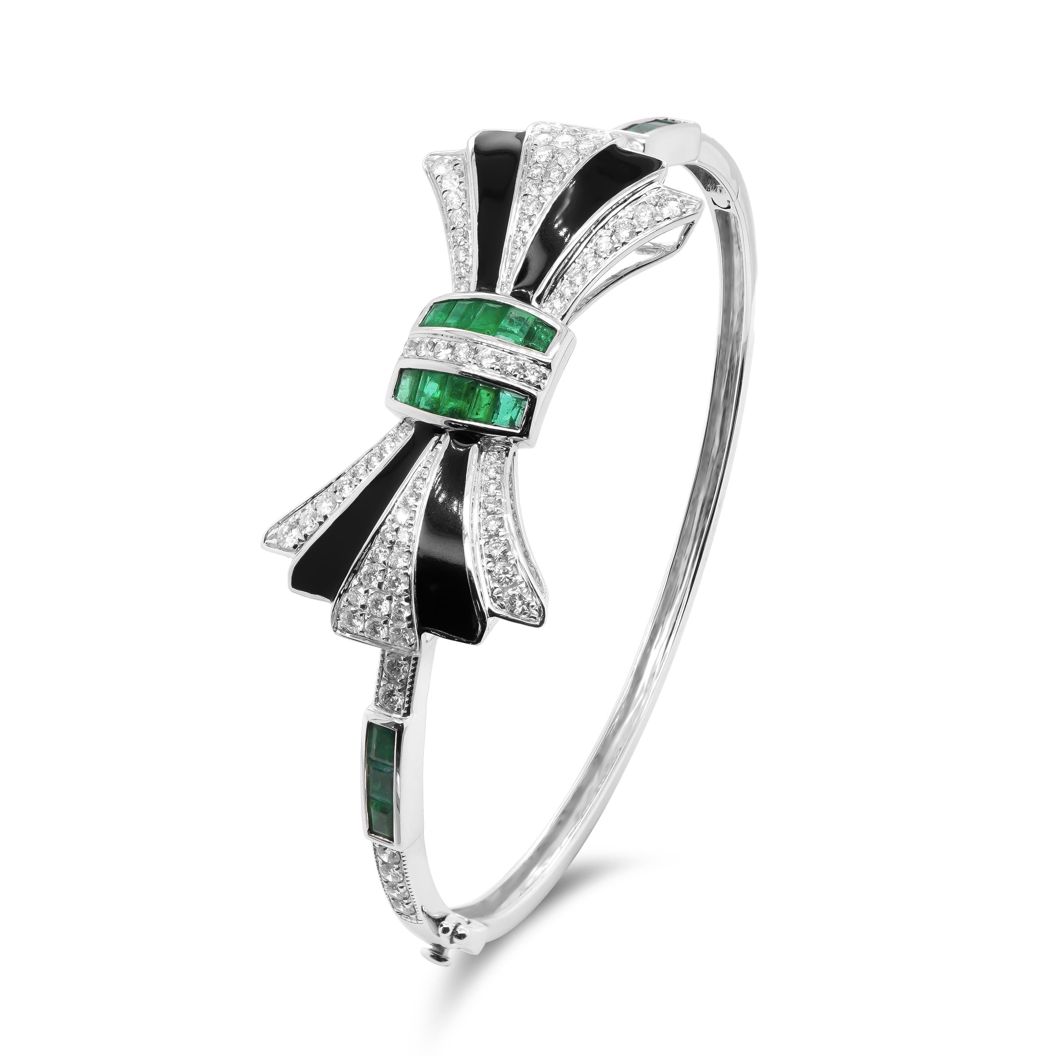 Emerald Cut 18K Bow Bangle Black Onyx 1.5 Carat Emerald and 1.05 Carat White Diamond For Sale