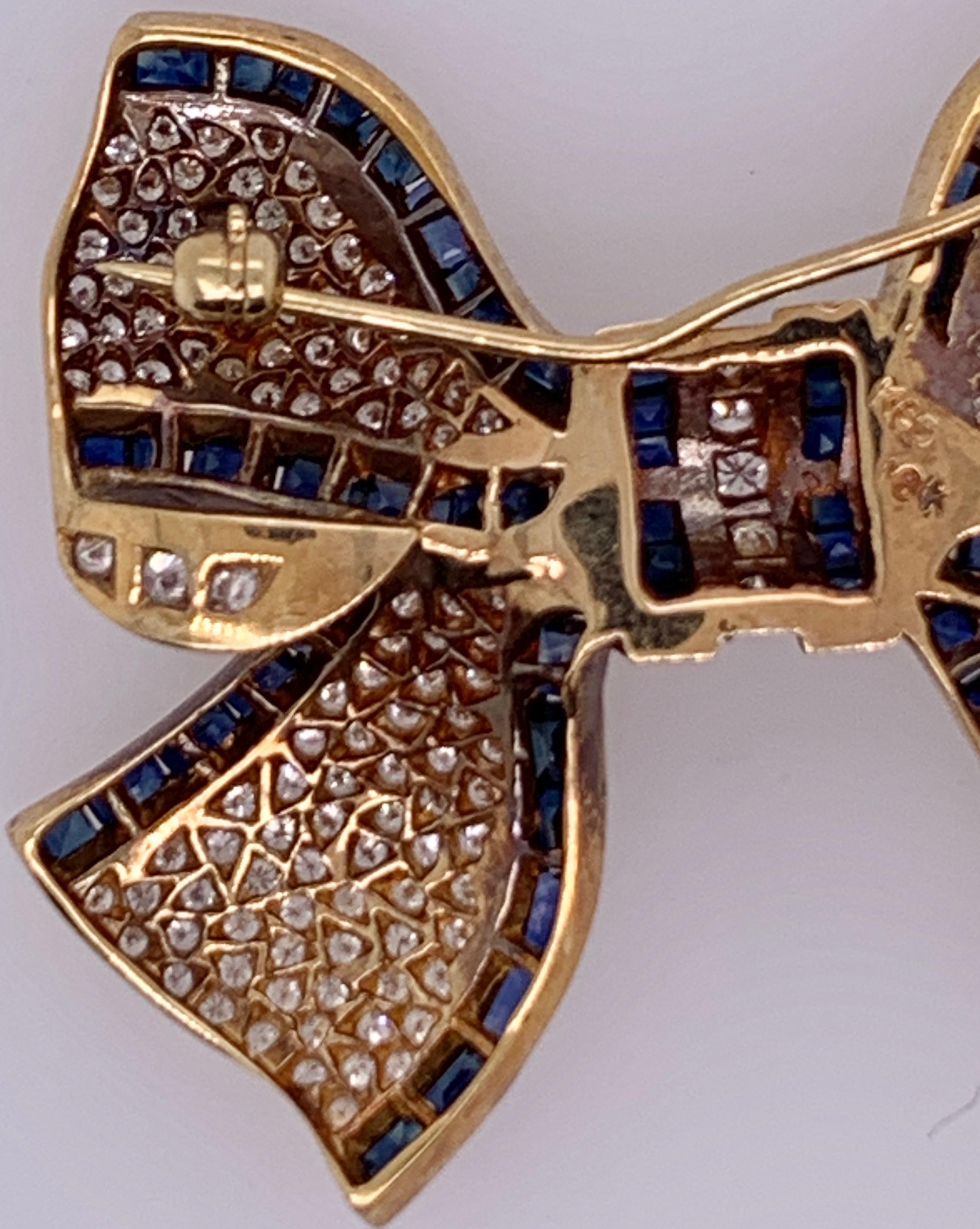 18 Karat Bow Brooch Pin Diamonds and Sapphires Designed in Yellow Gold 2