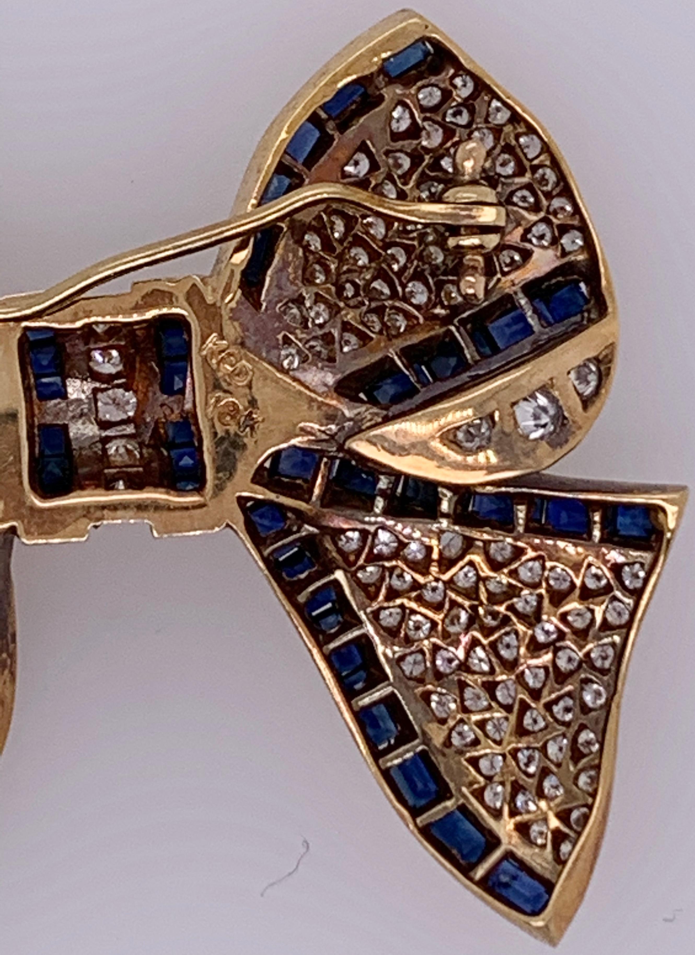 18 Karat Bow Brooch Pin Diamonds and Sapphires Designed in Yellow Gold 3